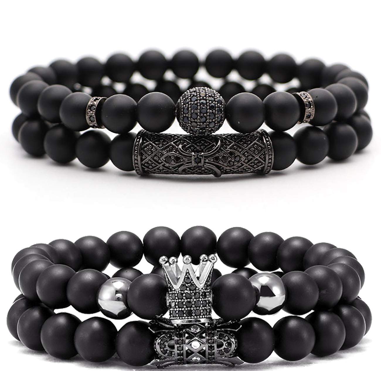 JEWPARK 4 Pcs Black Matte Onyx Stone Bracelets for Men - Natural Stone Bracelet Set for King Crown Style - Perfect for Gifts, Fashion Accessories & Royal Events