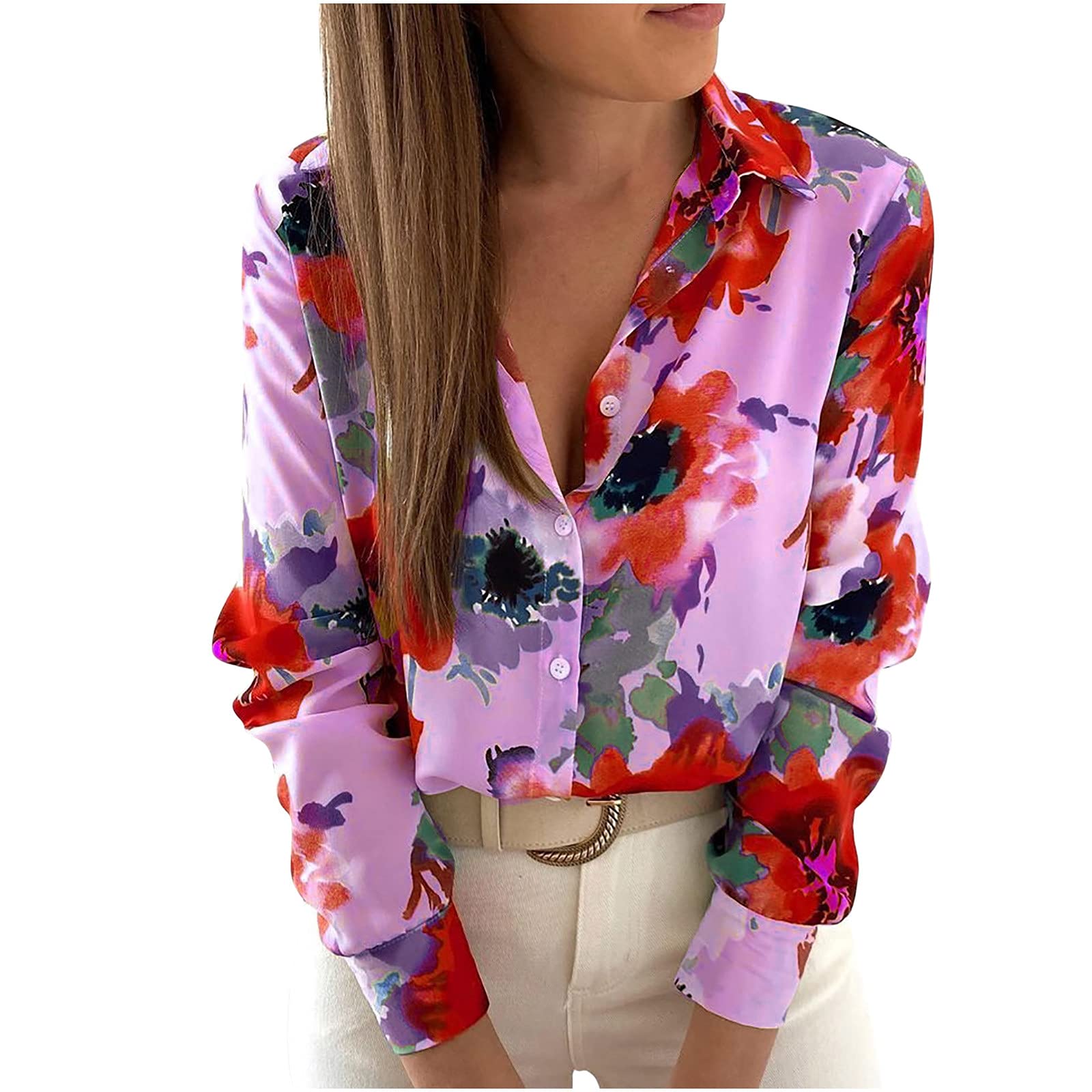 Vintage Print Women's Casual Long Sleeve T-Shirt - Soft Loose Fit Lapel Blouse for Fall | Comfortable Tee Shirt for Everyday Wear, Office & Weekend Outfits