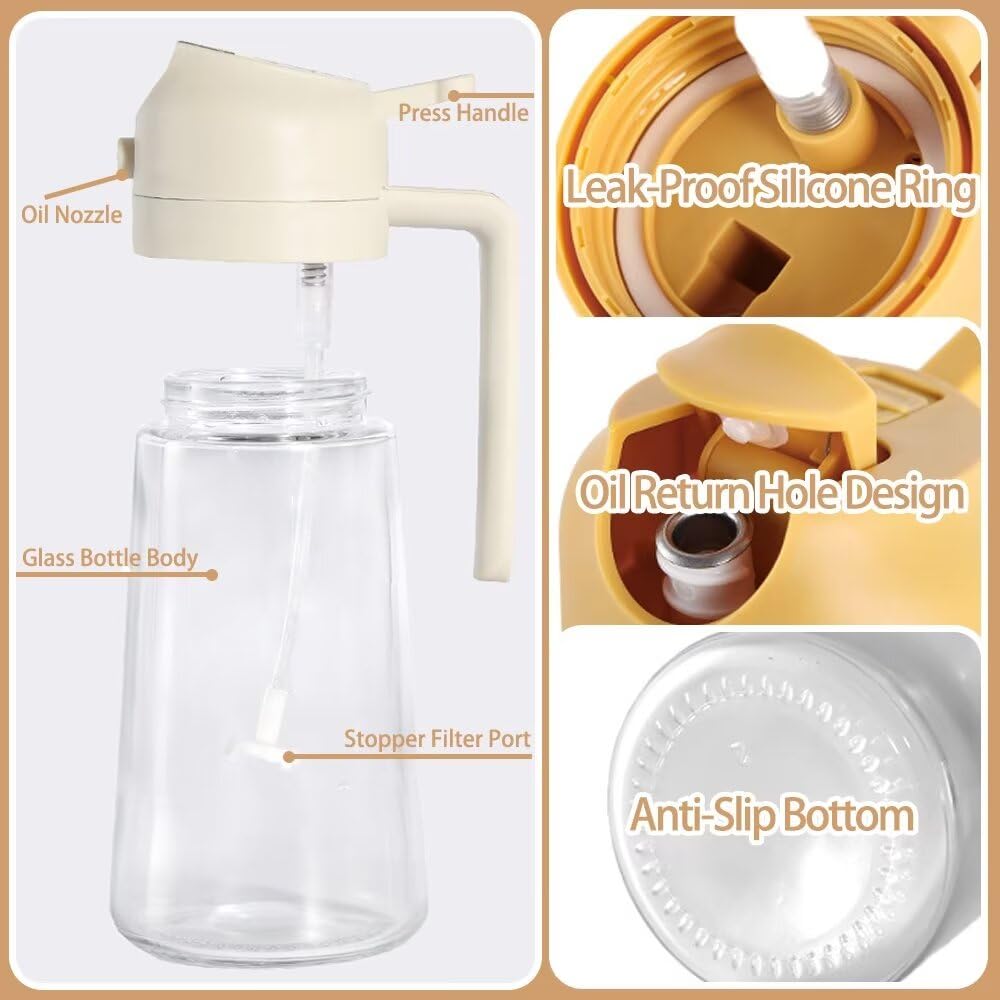 Premium 2-in-1 Glass Oil Dispenser & Sprayer - 470ml Kitchen Oil Bottle for Olive Oil, Vinegar & Cooking Spray - Perfect for Salad Dressing, Baking, Frying, BBQ & Healthy Cooking - Elegant White Design