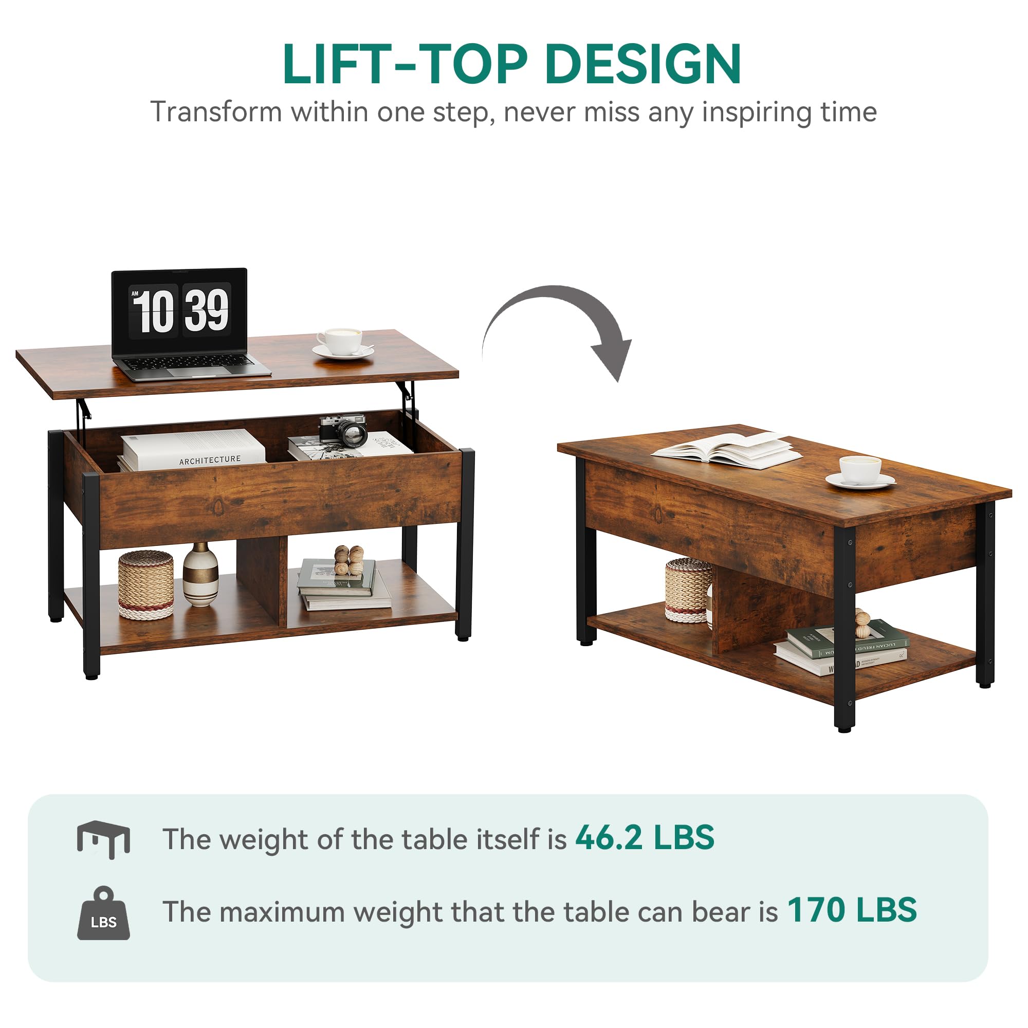 YITAHOME Lift Top Coffee Table with Large Hidden Storage - Rustic Brown Wood Lift-Up Center Table for Living Room & Office - Perfect for Small Spaces, Storage Solutions, and Multi-Functional Use