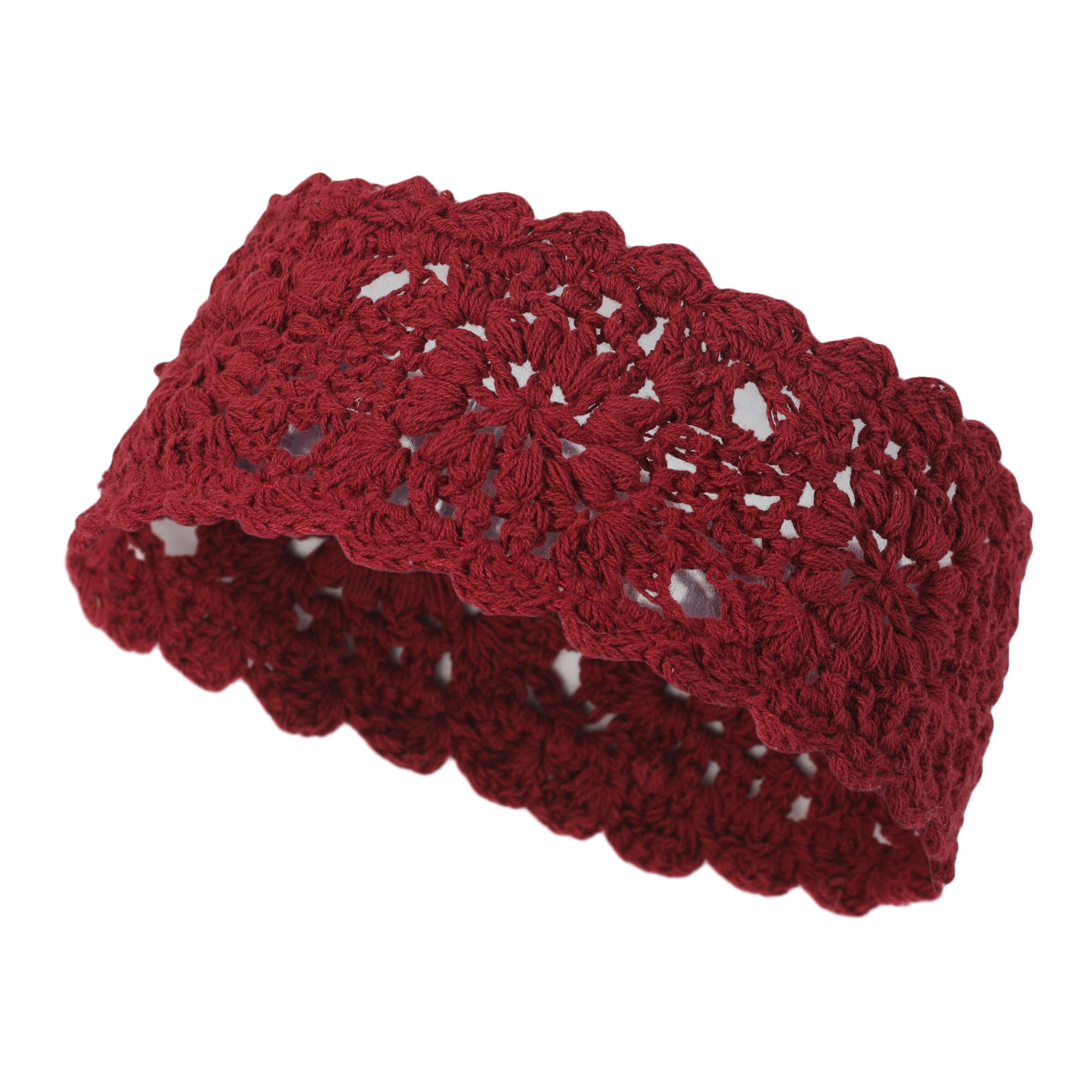 Handmade Crochet Boho Flower Headband for Women - Burgundy Knit Hair Band - Perfect for Yoga, Beach, and Festival Outfits