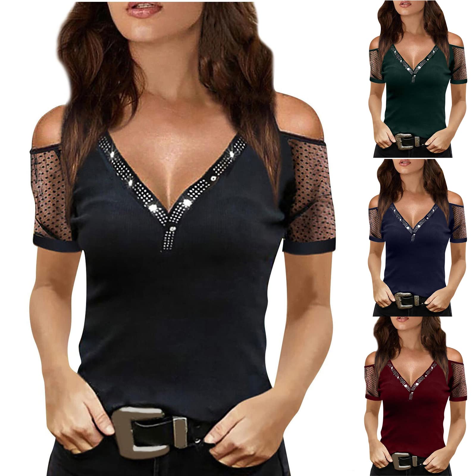 Women's Summer Short Sleeve T-Shirts - Casual Cold Shoulder Tops with V-Neck & Lace Trim, Slim Fit Blouse for Beach, Party & Everyday Wear