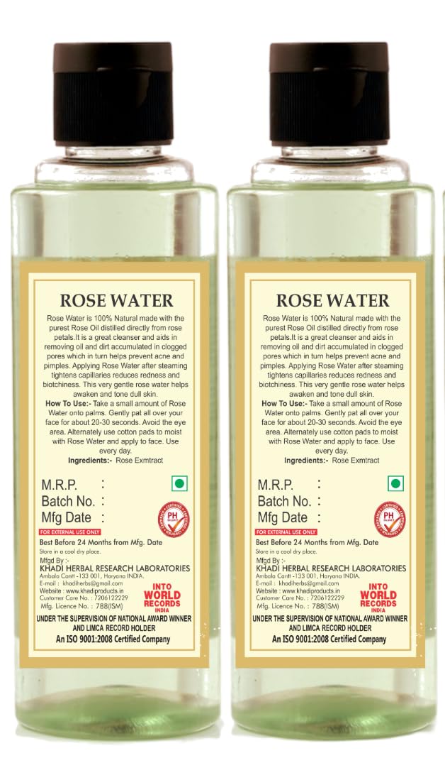 **KHADI NATURAL Rose Water Herbal Skin Toner - 210ml (Pack of 2) | Alcohol-Free, Hydrating Facial Mist for Glowing Skin | Perfect for Daily Skincare, Makeup Setting & Refreshing Spray**