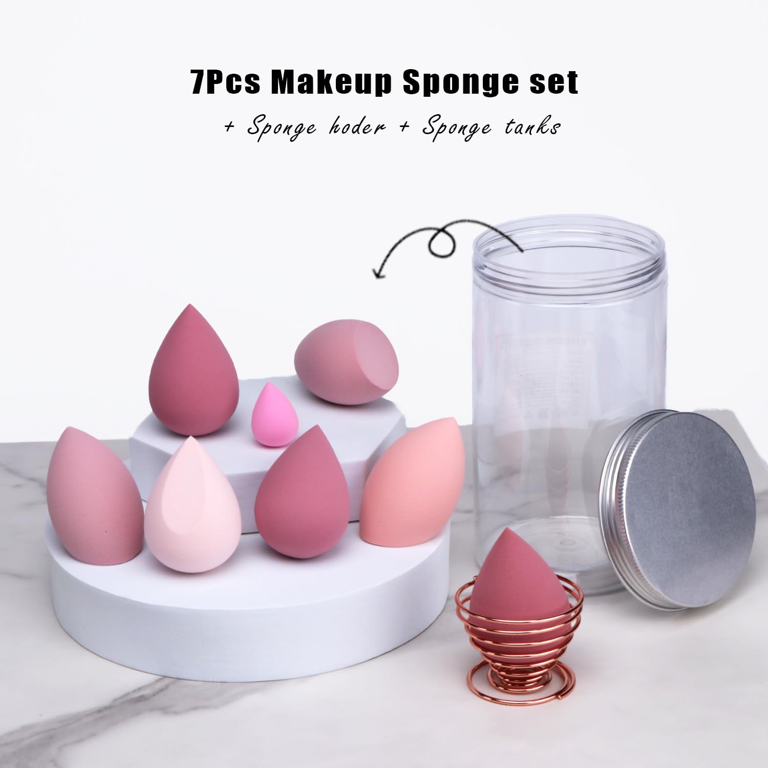 8Pcs Makeup Sponges Set - 7Pcs Beauty Blender Sponges & 1 Bottle with Metal Holder for Foundation, Cream & Powder (Pink, Can Packaging) | Perfect for Professional Makeup Application, Travel & Everyday Use