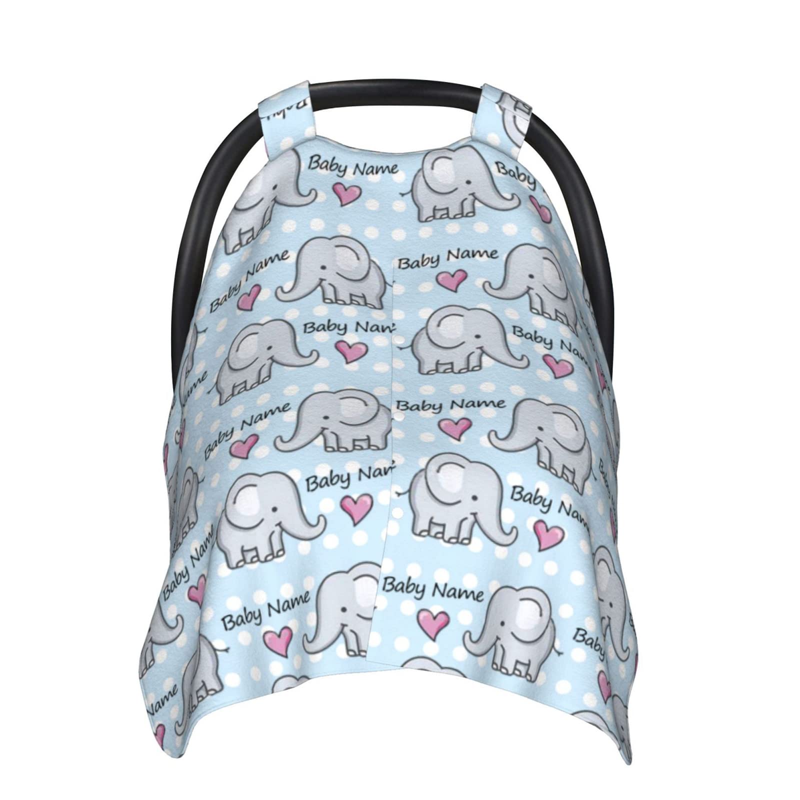 Personalized Elephant & Heart Baby Car Seat Canopy with Name - Custom Infant Car Seat Cover for Boys & Girls - Soft Minky Peekaboo Nursing Stroller Canopy for Newborns - Perfect for Breastfeeding, Travel & Outdoor Protection