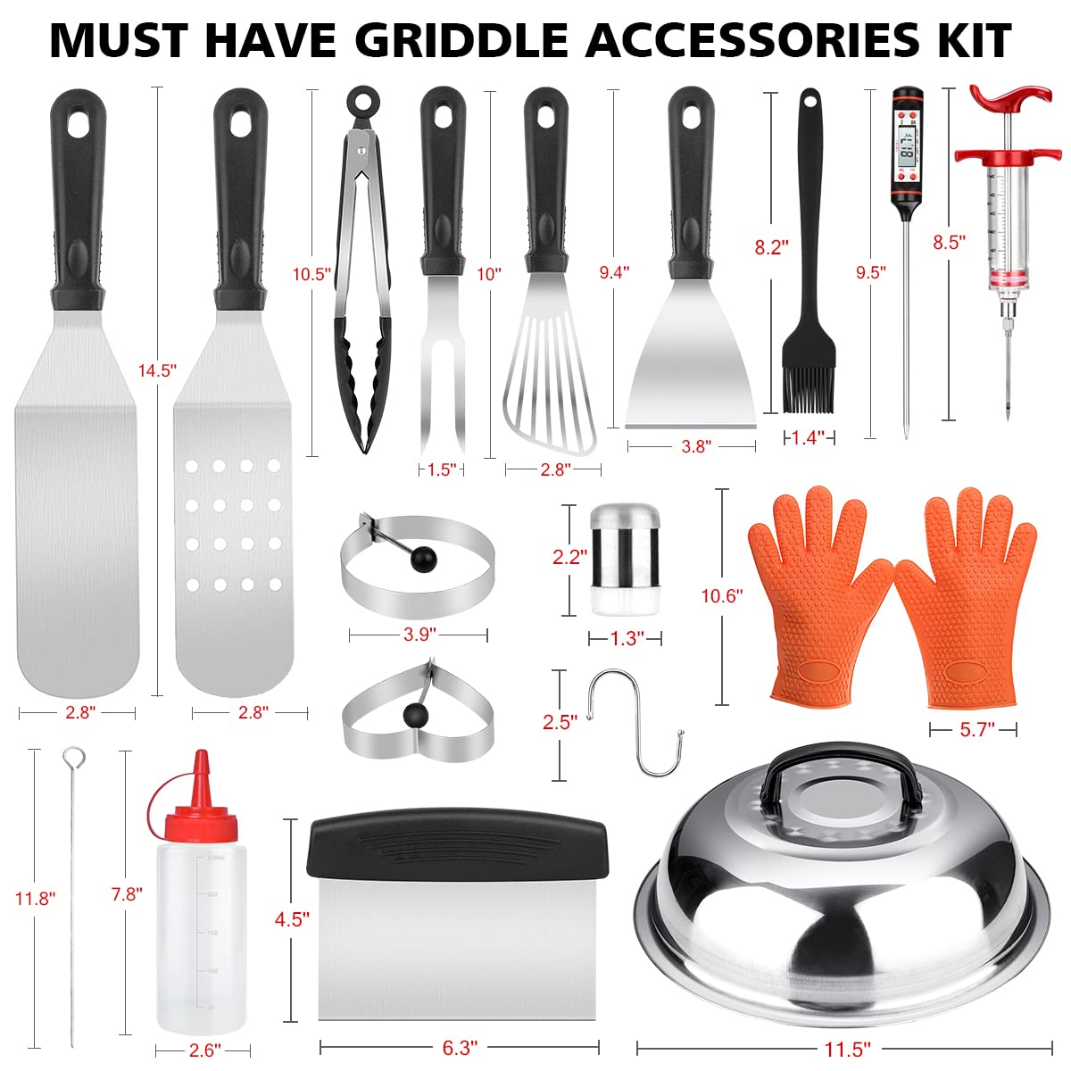 39PCS Stainless Steel Griddle Accessories Kit - BBQ Grill Tools Set for Blackstone & Camp Chef - Includes Spatula, Basting Cover, Chopper, Scraper, Bottle, Tongs & Egg Mold - Perfect for Outdoor Cooking, Camping & Backyard Grilling Parties