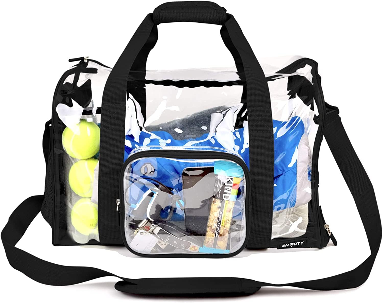 Large Clear Heavy Duty Transparent Duffel Gym Bag with Clear Bottom & Side Shoe Pocket - Removable Shoulder Strap for Men & Women - Perfect for Fitness, Travel & Airport Security Check (Black)