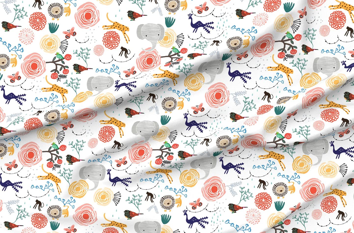 Jungle Flowers Elephant Cheetah Bird Monkey Lion Whimsical Floral Printed Minky Fabric - Soft Fat Quarter for Sewing Baby Blankets, Quilt Backing & Plush Toys - Perfect for Nursery Decor, DIY Projects & Gift Making
