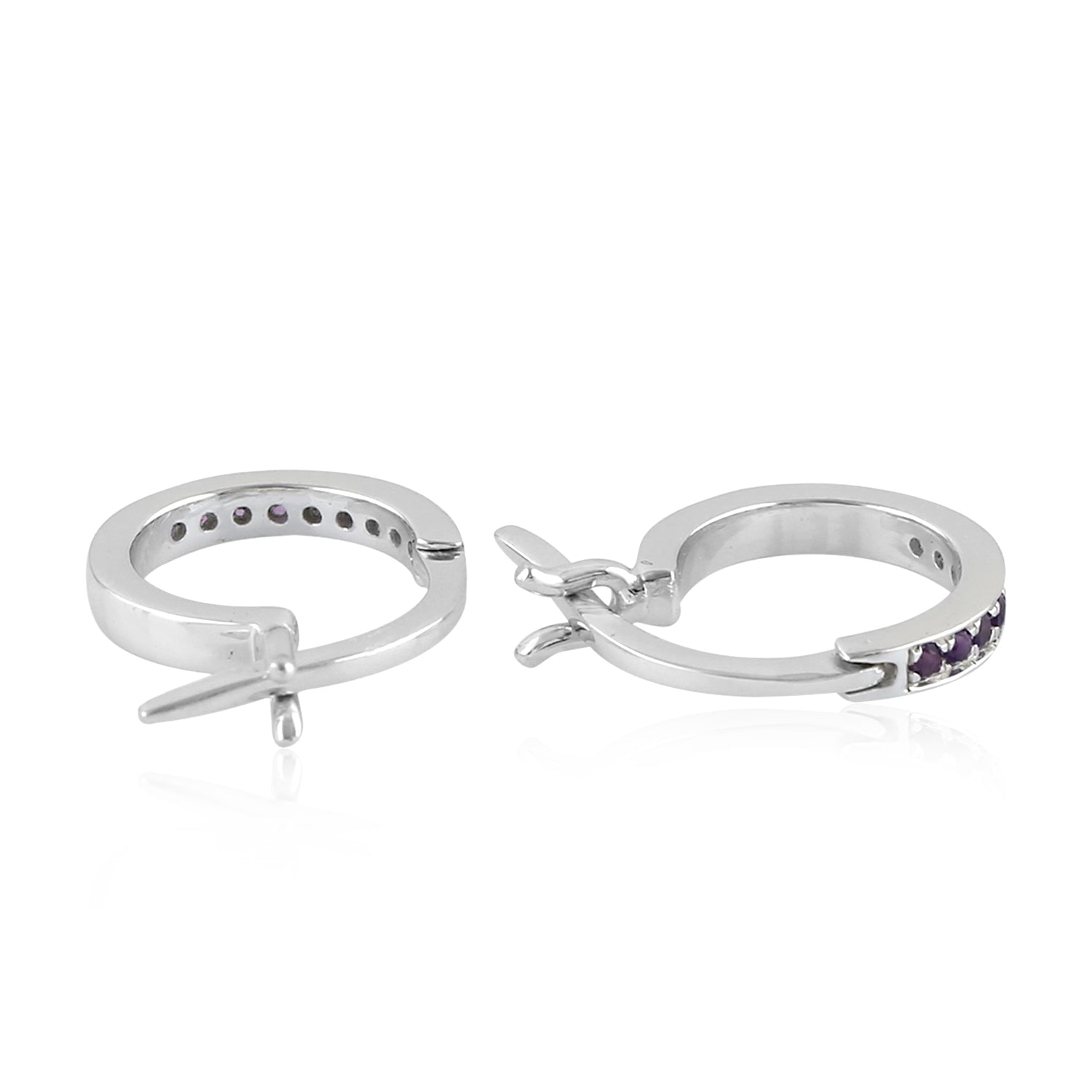 14K White Gold Pave Amethyst Huggie Earrings for Women - Dainty Gemstone Hoop Earrings for Everyday Wear & Special Occasions