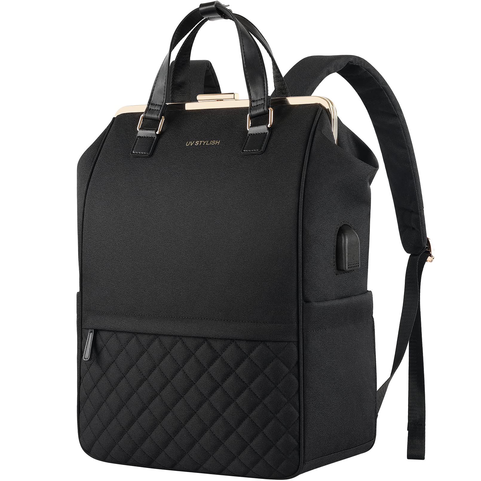Stylish Vintage Laptop Backpack for Women - 15.6 Inch USB Charging Work Bag - Nurse Teacher Business Travel Carry On Bookbag - Wide Top Opening Design - Perfect for Office, School, Nursing Shifts & Airplane Travel (Black)