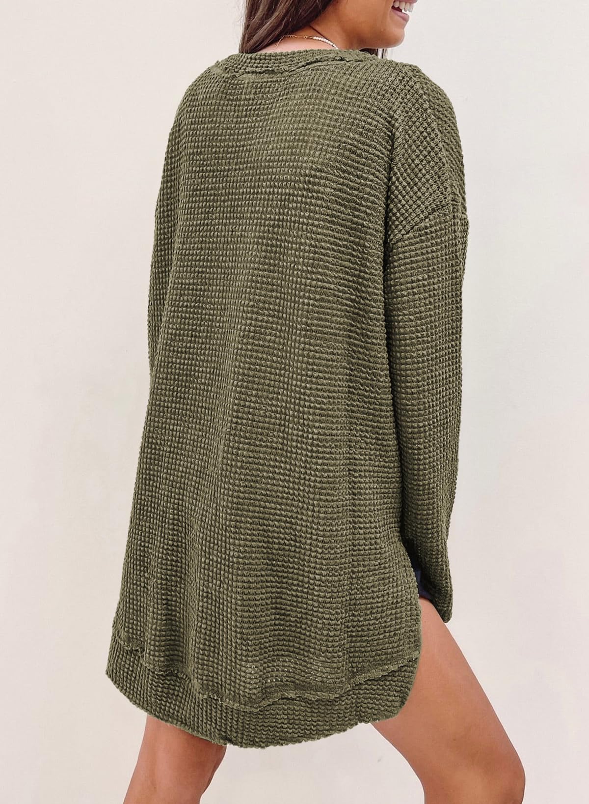 Women's Long Sleeve Oversized Crewneck Waffle Knit Sweatshirt - SHEWIN Spring Tops 2025 | Casual Loungewear, Streetwear & Layering Essential
