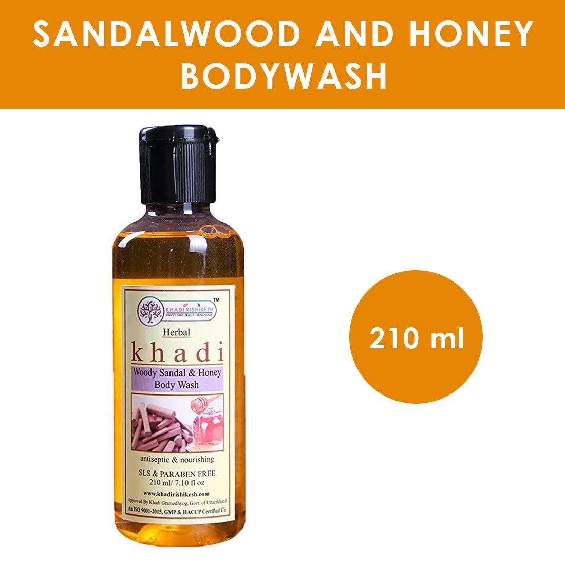 KHADI RISHIKESH Herbal Sandalwood & Honey Body Wash - 210ml | Natural Ayurvedic Cleanser for Dry & Sensitive Skin | Perfect for Daily Shower & Spa Relaxation