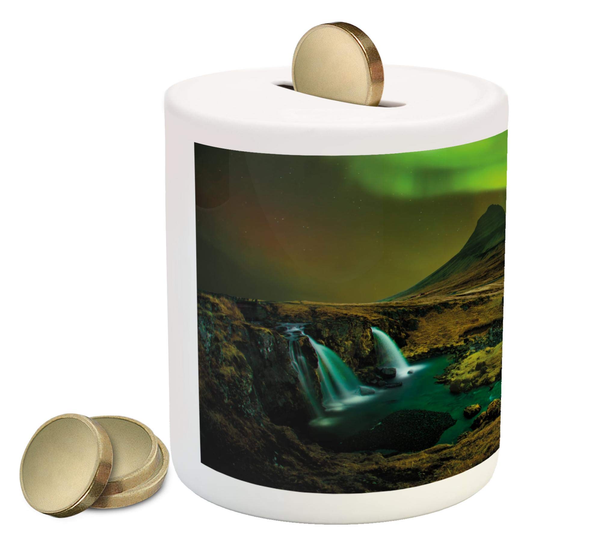 Ambesonne Aurora Borealis Ceramic Piggy Bank - Northern Lights Nature Landscape with Waterfall Creek Design, Money Saving Box for Cash & Coins (Fern & Olive Green) - Perfect Gift for Kids, Teens & Home Decor
