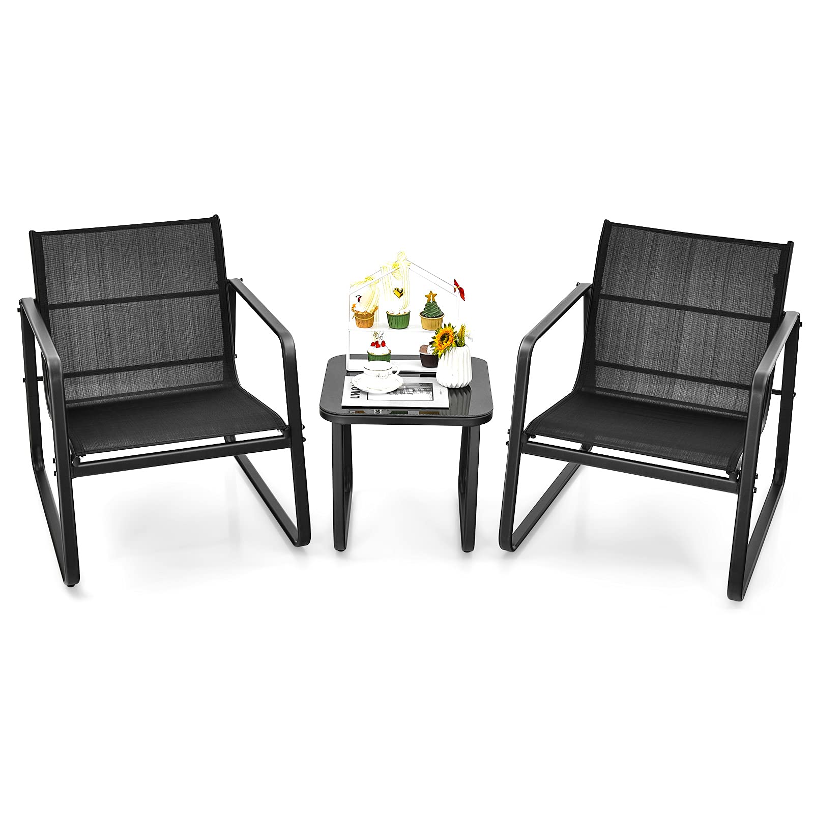 Giantex 3-Piece Patio Bistro Set - Outdoor Dining Furniture with Rustproof Steel Frame, Glass Top Table & 2 Chairs for Garden, Balcony, Deck, Yard - Perfect for Outdoor Entertaining, Relaxing & Dining (Black)