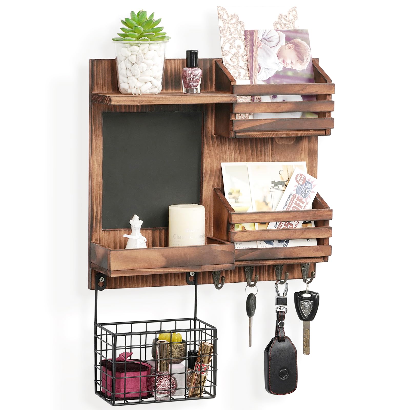 QILICHZ Wall Mount Key Holder & Mail Organizer - 4 Hooks & 2 Mail Slots for Keys, Letters, Bills - Perfect for Entryway, Office, or Home Organization