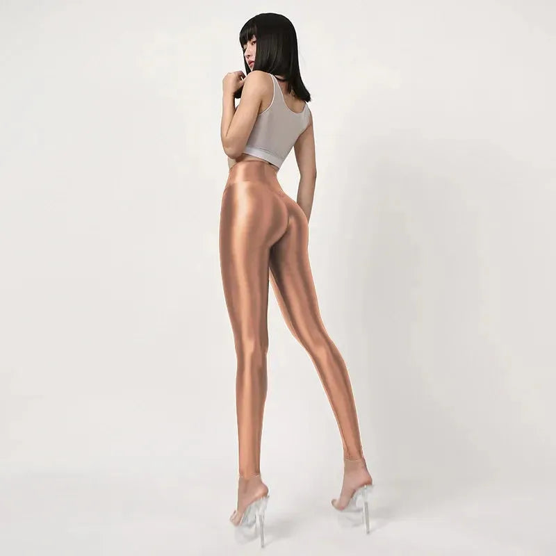 Seamless Satin Glossy High Waist Yoga Pants for Women - Sexy Tight Silk Leggings, Plus Size Workout Pants, Shiny Sports Tights for Fitness, Dance & Lounge Wear