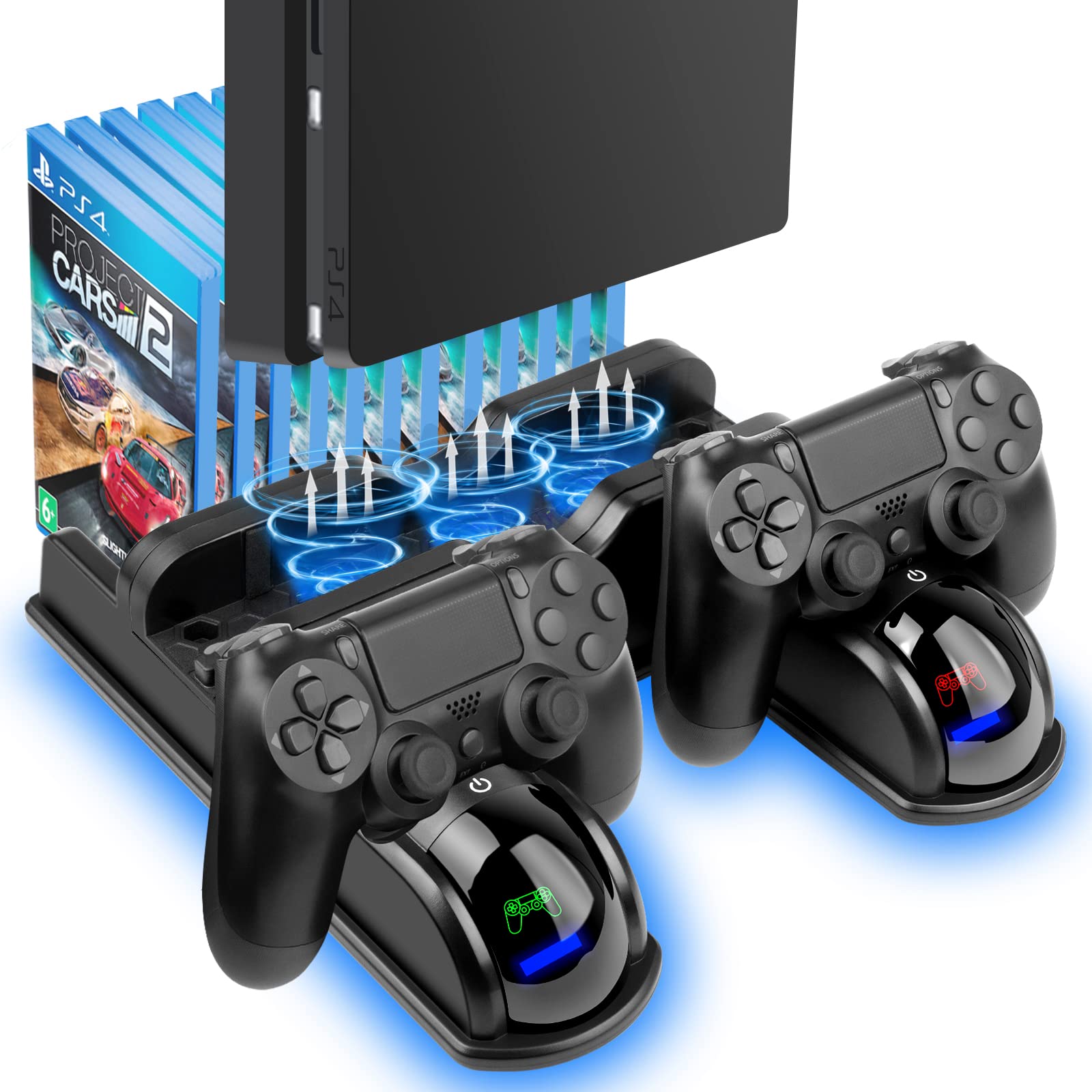 PS4 Stand Cooling Fan Station for Playstation 4/PS4 Slim/PS4 Pro - Vertical Stand with Dual Controller Charger Dock, 12 Game Storage Slots & USB Fast Charging LED Indicator - Perfect for Gaming Setup & Console Protection