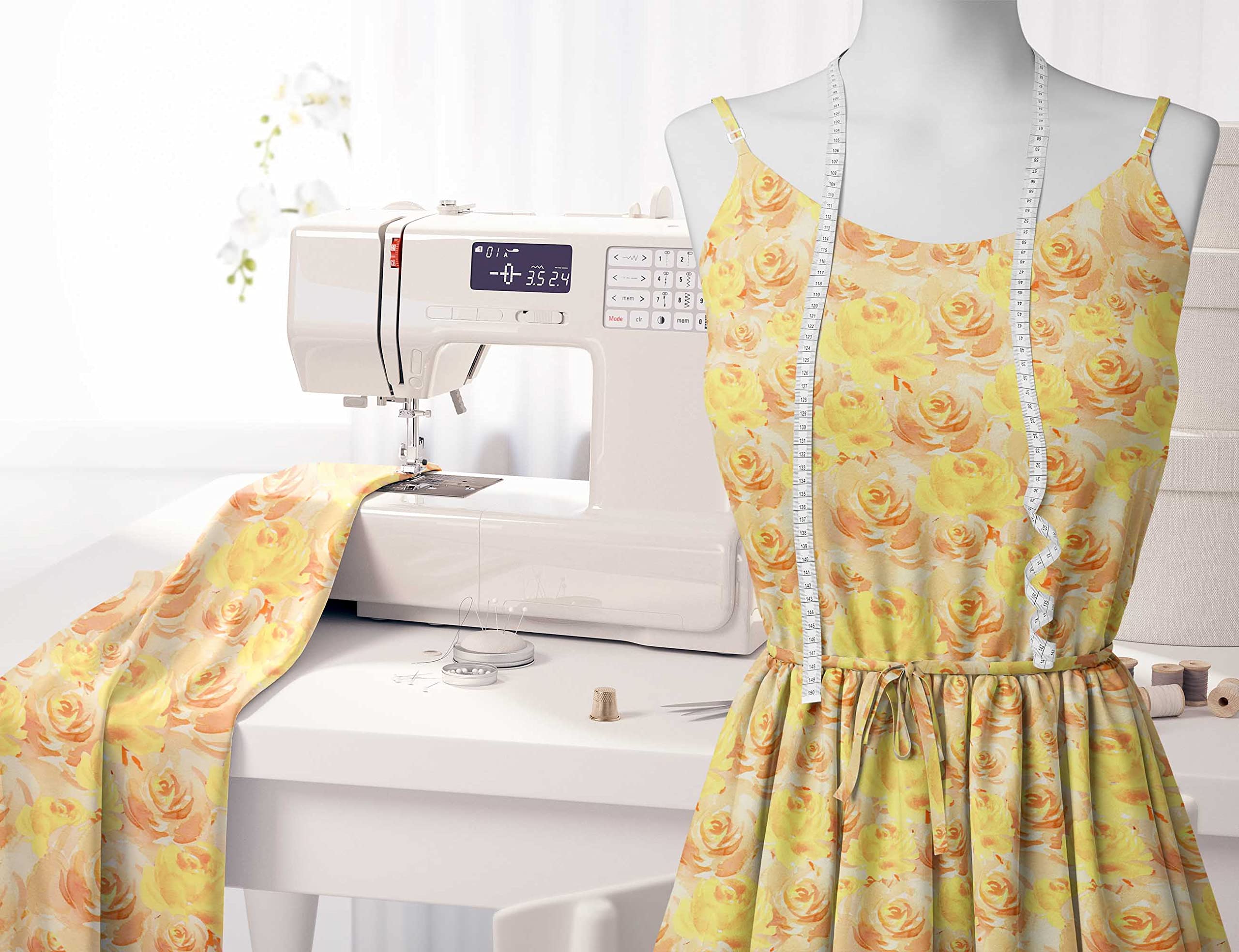 Soimoi Moss Georgette Yellow Floral Fabric by The Yard - 44 Inch Wide Grandiflora Roses Printed Fabric for Dresses, Curtains & Home Decor | Luxurious Elegant Fashion & Interior Design Material