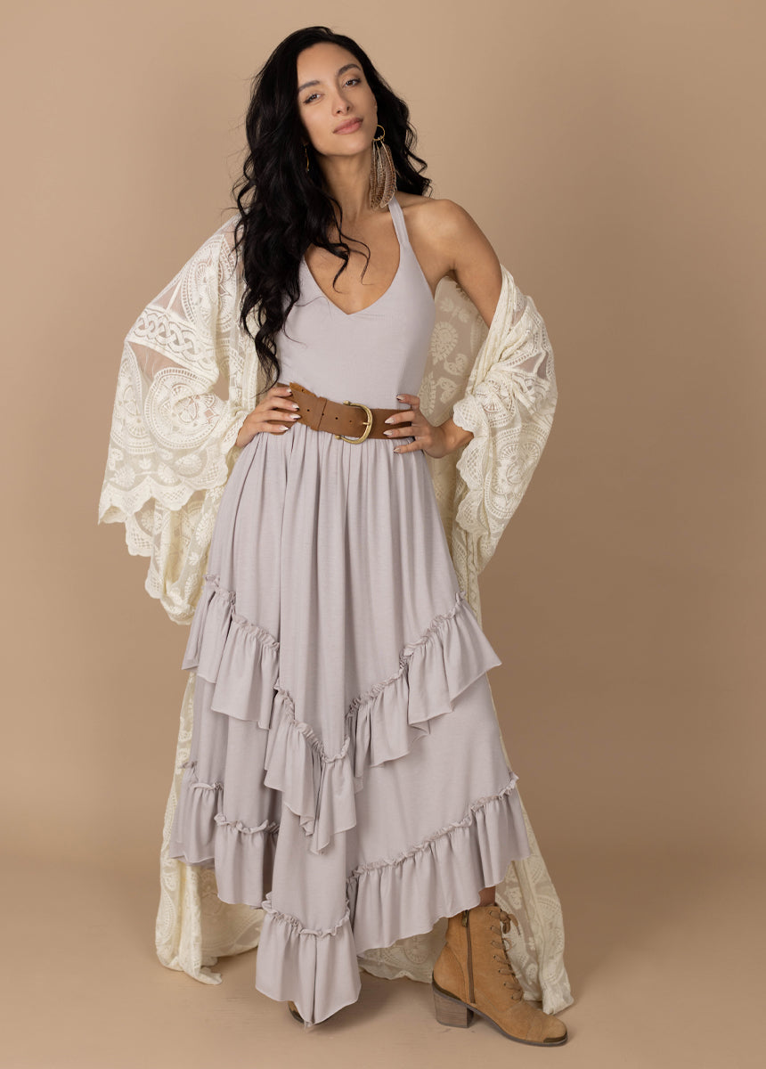 Jenna Dress in Dove - Elegant Women's Casual Dress for Summer, Office, Party & Date Night | Comfortable & Stylish Flowy Midi Dress