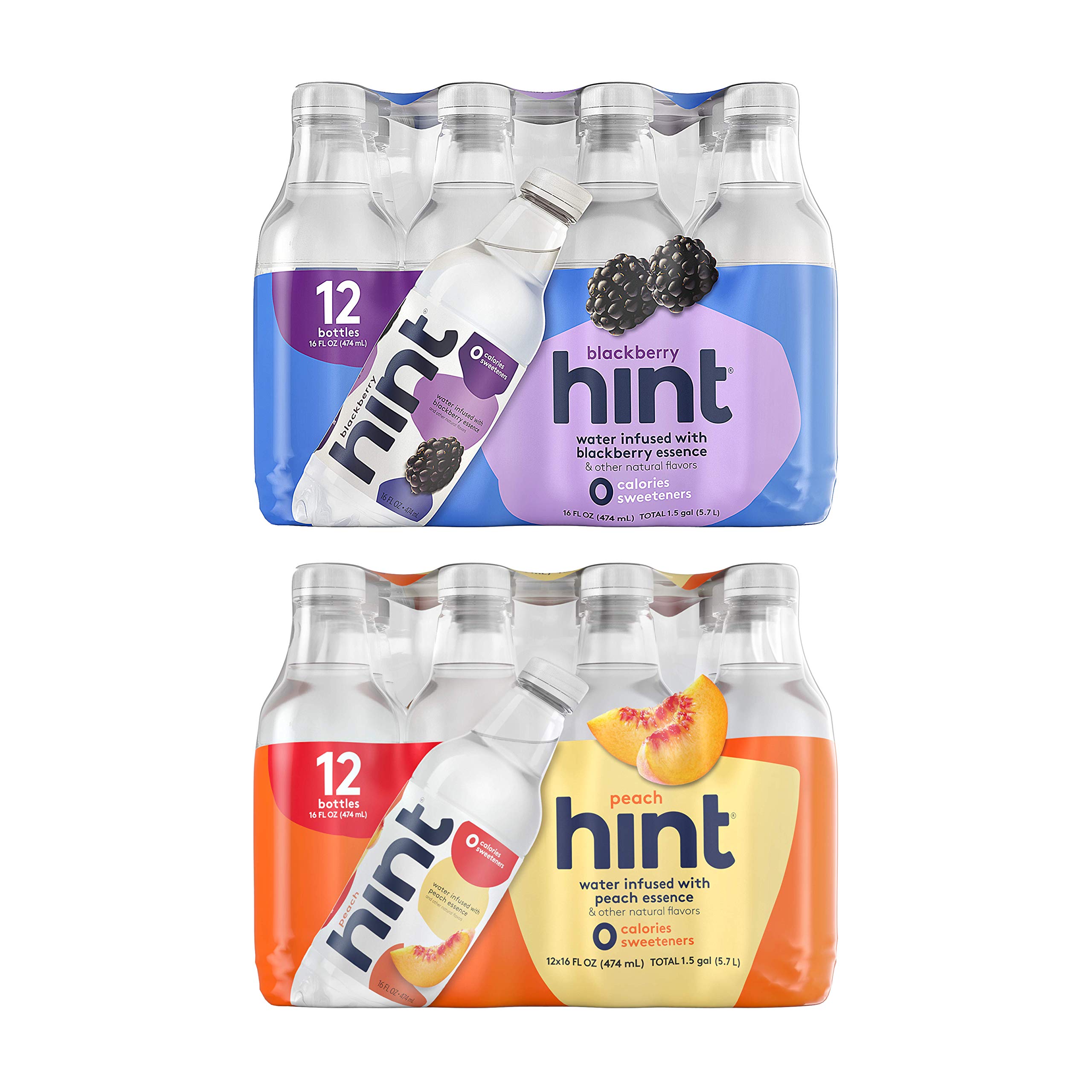 Hint Blackberry & Peach Flavored Water (Pack of 24), 12 Bottles Each, Zero Calories & Sugar Free, 16 Oz Bottles - Refreshing Hydration for Workouts, Office & Healthy Lifestyle