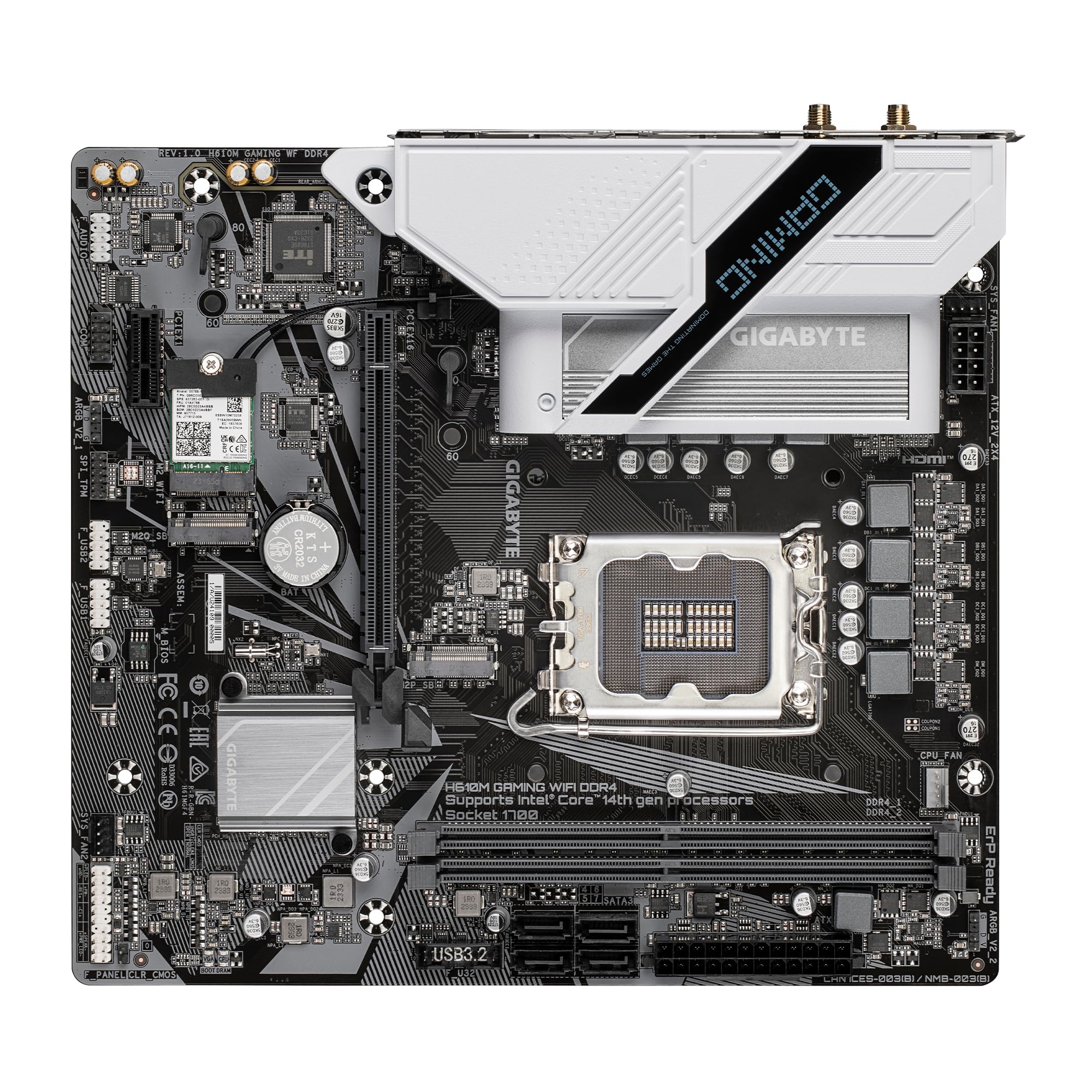 Gigabyte H610M Gaming WF DDR4 Motherboard - Supports Intel Core 14th Gen CPUs, 6+1+1 Hybrid Digital VRM, DDR4 up to 3200MHz, Dual PCIe 3.0 M.2 Slots, Wi-Fi 802.11ac, Gigabit LAN, USB 3.2 Gen 1 - Perfect for Gaming PCs & Home Office Workstations