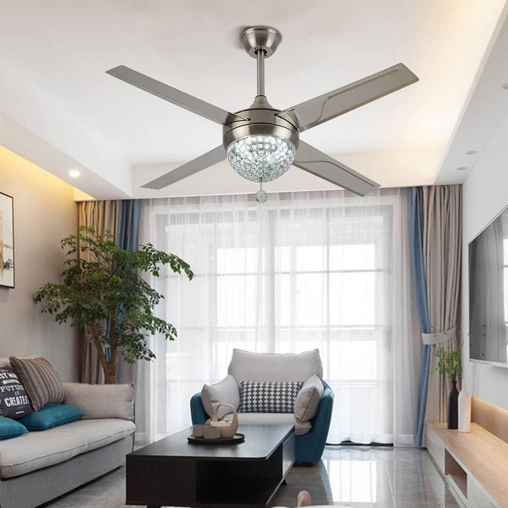 Modern Crystal Ceiling Fan with Remote Control - 44 Inch LED Chandelier & Silent Electric Fan with 4 Stainless Steel Blades - Silver Home Decor for Living Room & Dining Room | Perfect for Cooling & Lighting in Bedrooms, Offices, and Patios