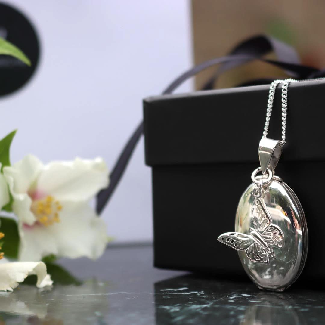 Elegant White Gold Four Photo Oval Butterfly Locket Necklace - Perfect for Valentine's Day, Anniversary & Mother's Day Gifts