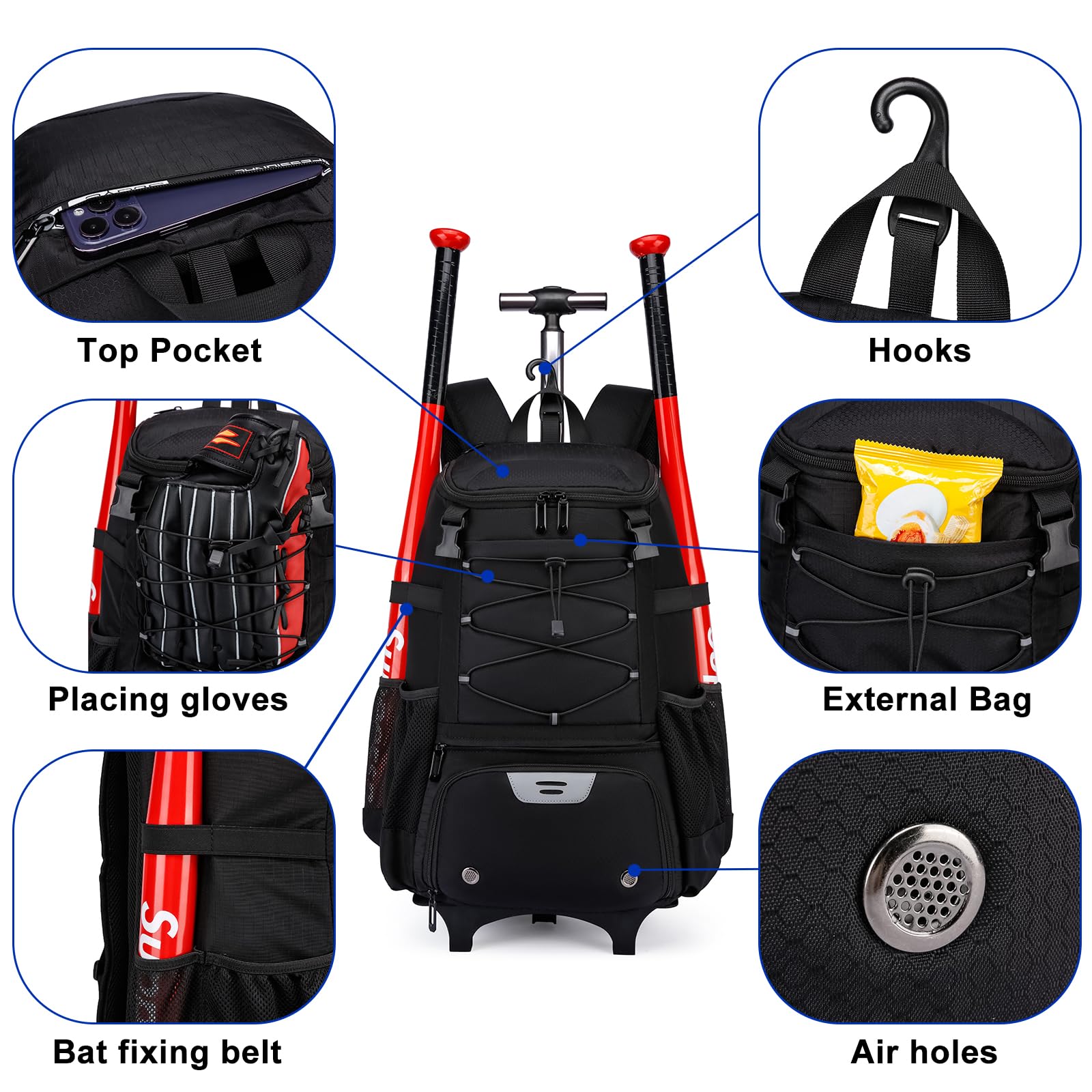 Best Youth & Adult Softball Baseball Rolling Bat Bag - Lightweight Wheeled Equipment Backpack with Shoe Compartment & Fence Hook for T-Ball & Helmet - Perfect for Games, Practice & Travel