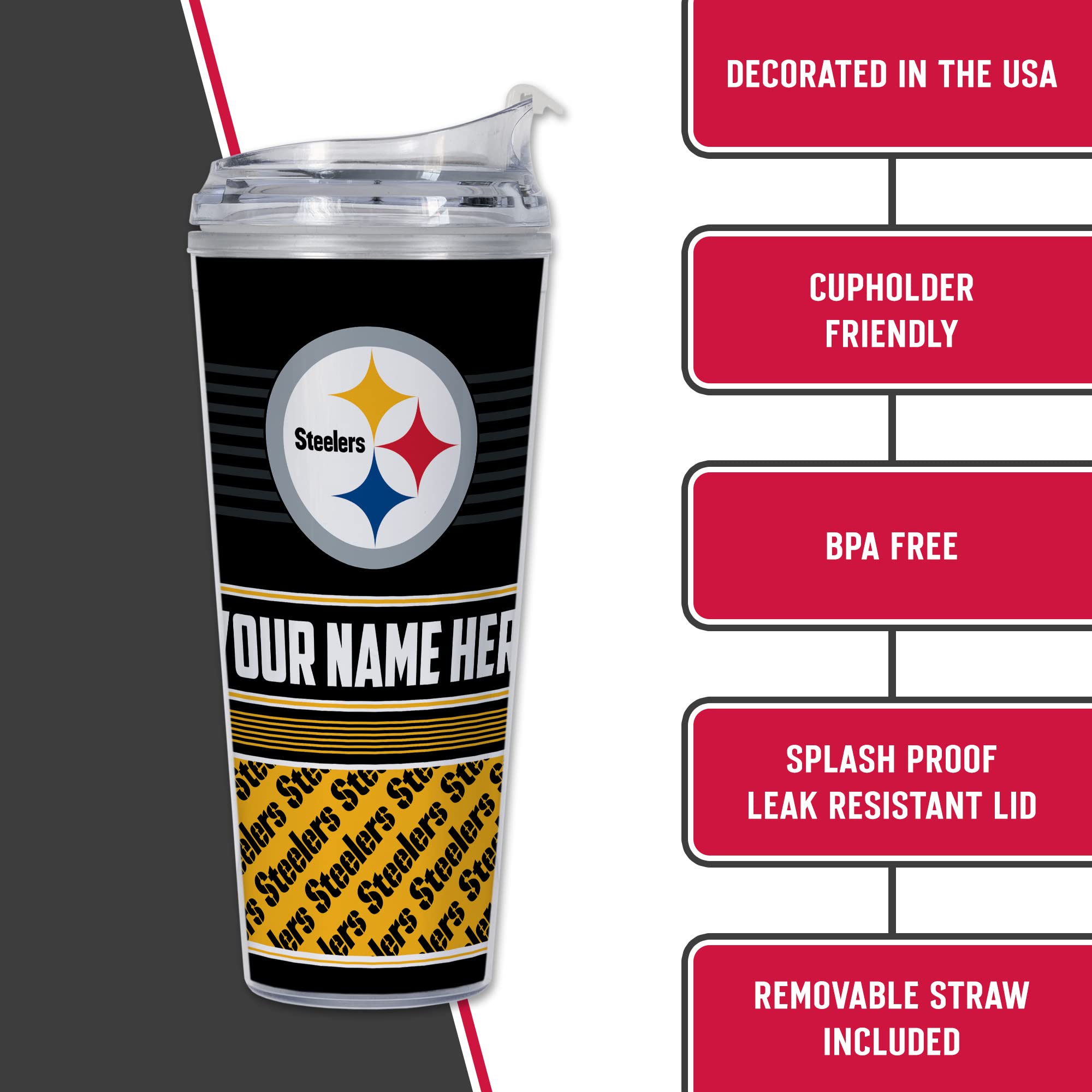 Personalized Pittsburgh Steelers 24oz NFL Football Tumbler with Hinged Lid - Insulated Stainless Steel Travel Mug for Hot & Cold Drinks - Perfect for Game Day, Office & Outdoor Adventures