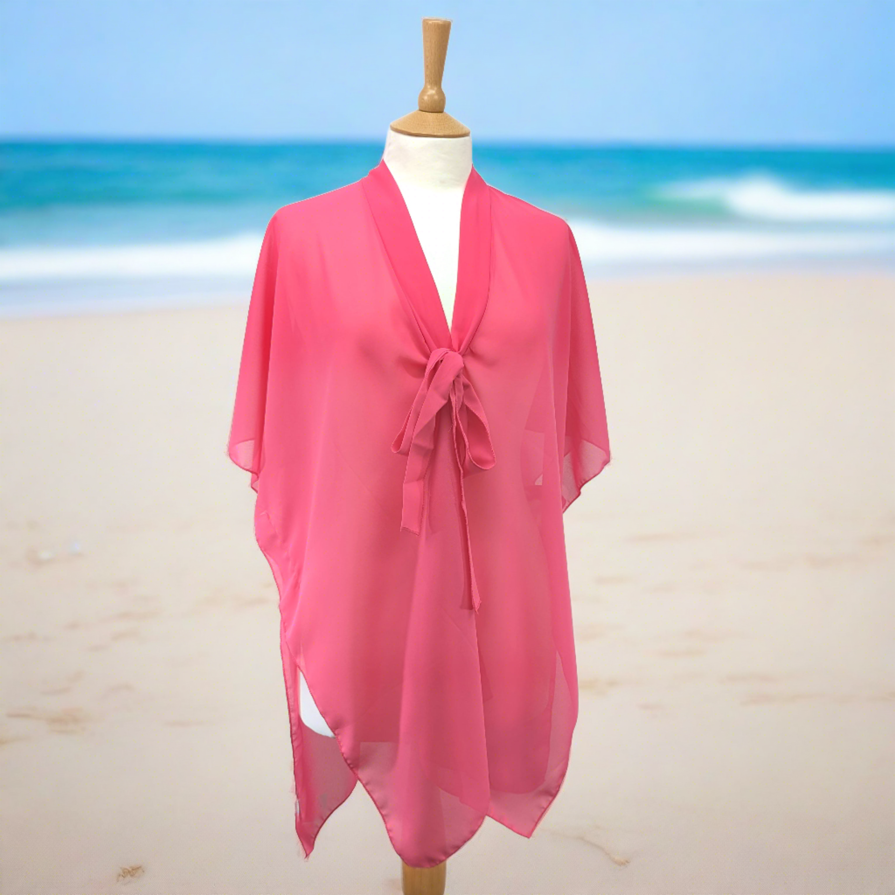 Women's Soft Beach Kaftan Cover Up with Front Tie - Bright Pink Summer Swimwear Coverup for Pool, Vacation & Boho Outfit