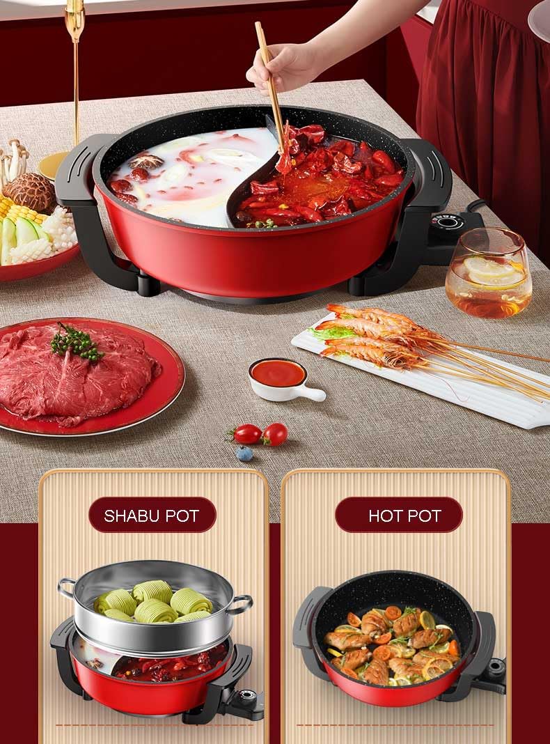 Nonstick Electric Griddle Skillet - 2-in-1 Divided Hot Pot & Frying Pan for Shabu Shabu, Korean BBQ, and Stir Fry - Fast Heating Countertop Cooking Appliance for Home Kitchen and Party Entertaining