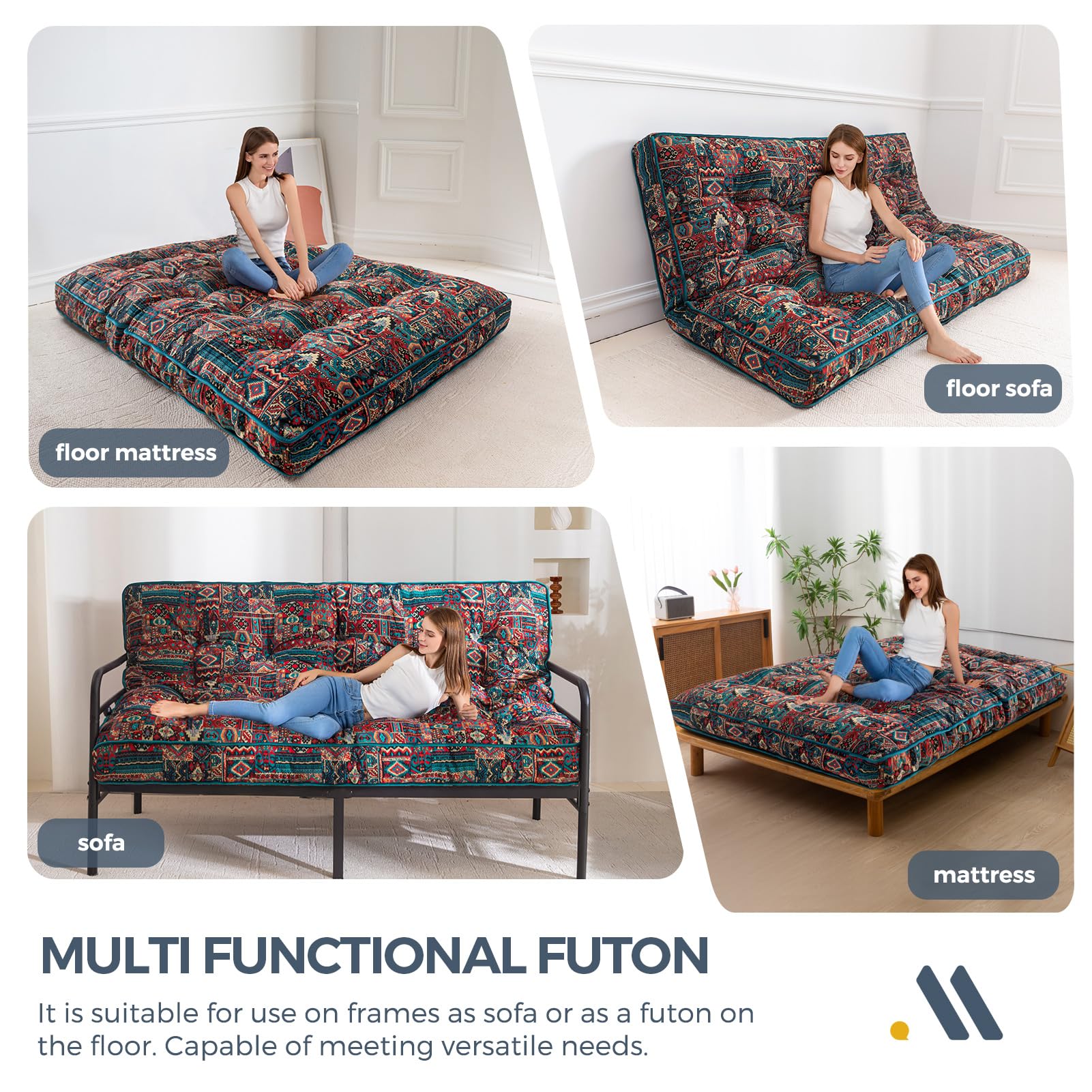 MAXYOYO 6 Inch Bohemian Futon Mattress Full Size - Thickened Sofa Bed with Shredded Foam Filling, Medium Firm Support (Frame Not Included) - Perfect for Guest Rooms, Dorms, Small Apartments & Floor Sleeping