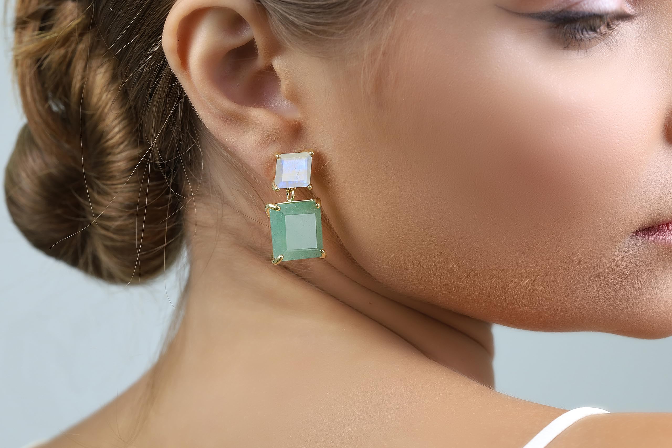 Gold Filled Rainbow Moonstone & Green Aventurine Square Princess Earrings - Prong Dangle Statement Jewelry for Women | Elegant Party, Wedding & Everyday Wear