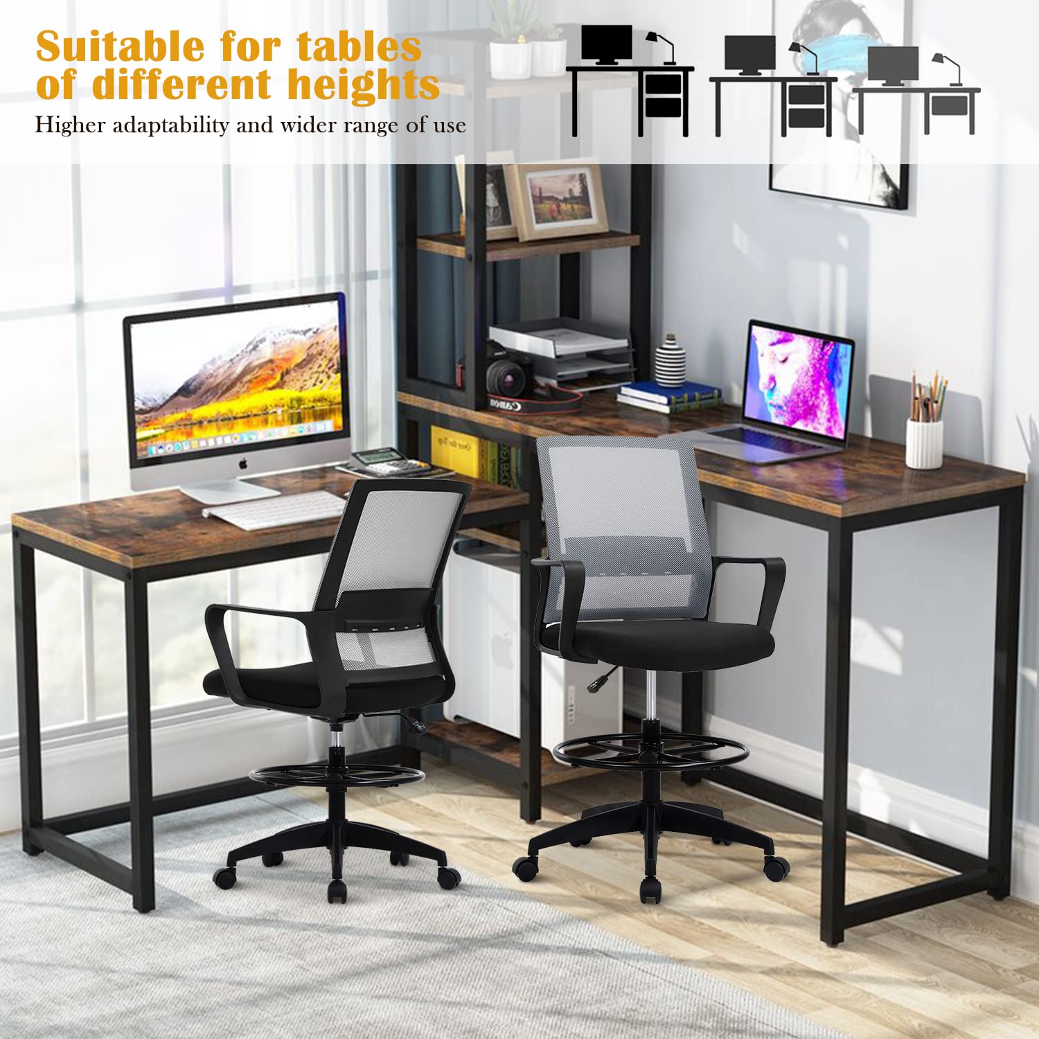 Ergonomic Drafting Chair - Adjustable Height Mid Back Office Chair with Lumbar Support & Foot Ring - Mesh Computer Stool for Standing Desk - Perfect for Architects, Designers & Long Work Hours