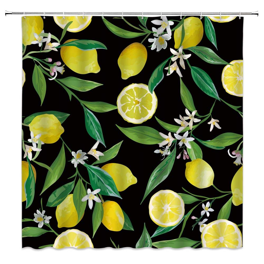 MNSC Lemon Fruit Shower Curtain - Tropical Green Leaves & Yellow Citrus Watercolor Design - Vintage Botanical Bathroom Decor with Hooks - Perfect for Summer Beach House or Tropical Theme Bathroom