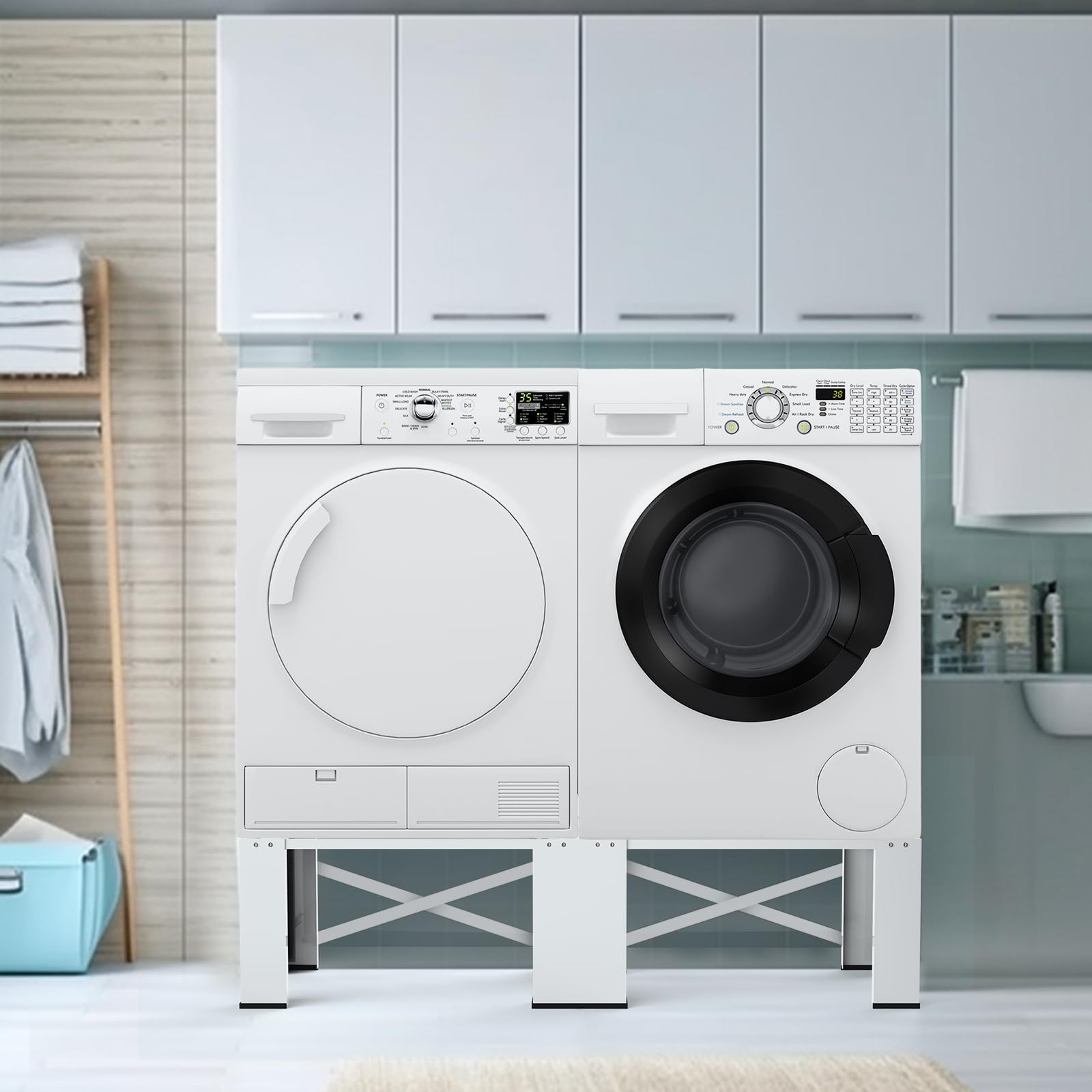 2 in 1 Washer Dryer Pedestal Stand 29 Inch - Heavy Duty Steel Laundry Pedestal for Front Load Washer and Dryer, Universal Fit for Most 4.8-5.3 cu.ft Capacity Washing Machines, White - Perfect for Laundry Room Organization and Space Saving