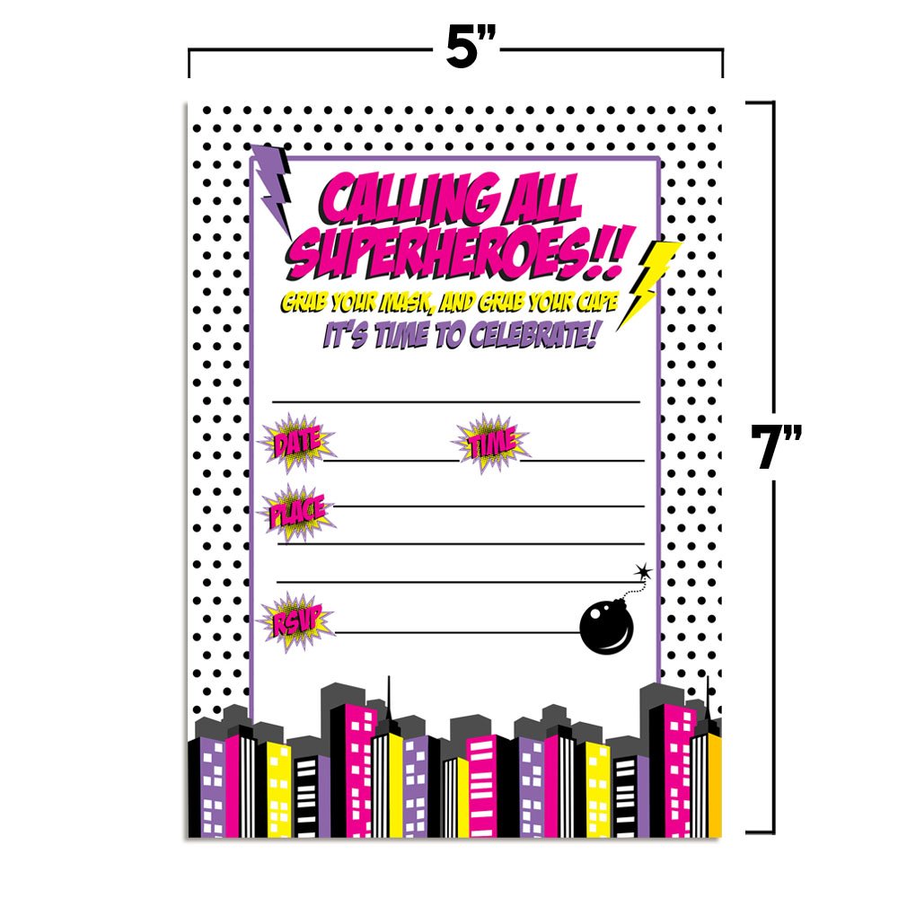 Super Hero Girl Birthday Party Invitations - 20 Pack 5x7 Fill-in Cards with Envelopes - Perfect for Superhero Themed Birthday Parties, Baby Showers & Kids Events