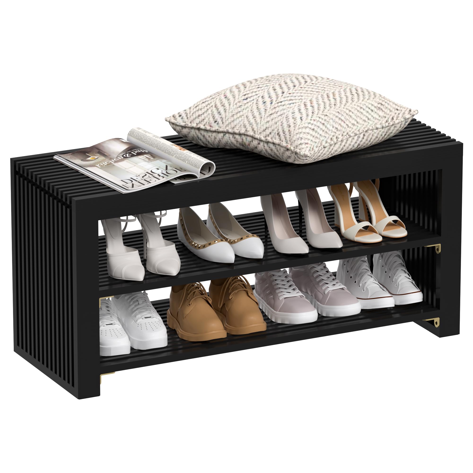 3-Tier Bamboo Shoe Rack Bench with Storage - Space Saving Entryway Organizer for Shoes, Boots & Accessories | Perfect for Front Door, Bathroom & Bedroom | Durable Black Long Shoe Bench for Home & Apartment Organization