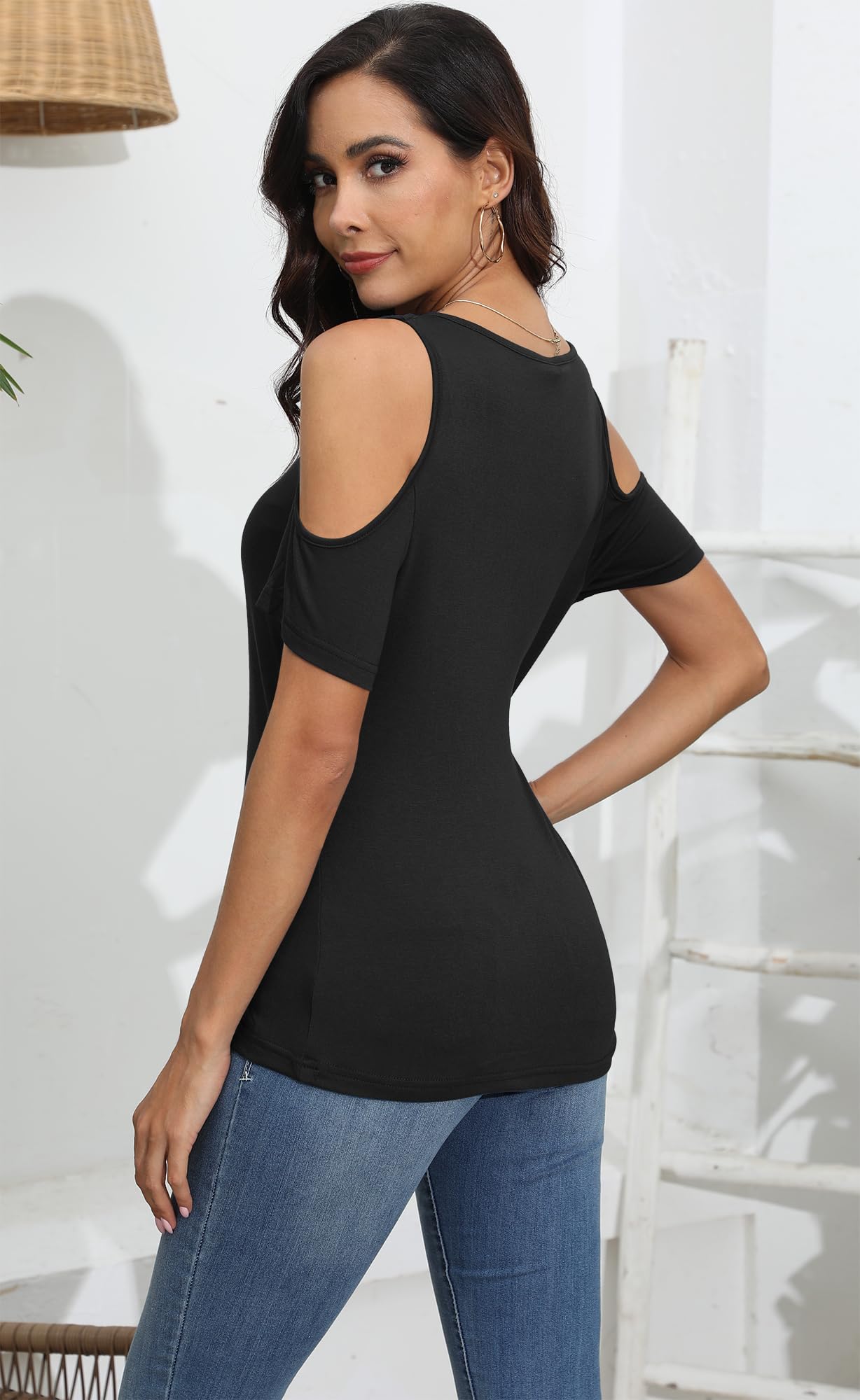 Soesdemo Women's Summer Tops - Scoop Neck Cold Shoulder Short Sleeve Loose Fit Basic Tee Shirts 2025 | Casual Wear, Beach Outfits, Vacation Essentials