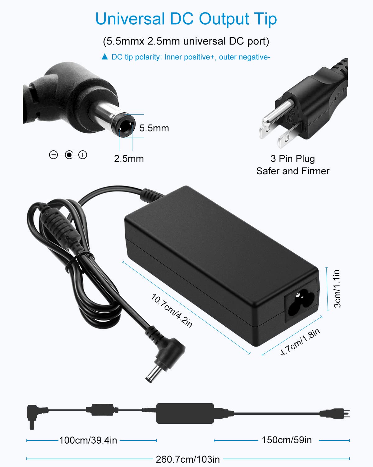ALITOVE 65W 45W 33W Universal Laptop Charger Power Adapter - 19V 3.42A-1.7A AC/DC Power Supply Cord Compatible with Samsung LG TV, HP Acer ASUS Toshiba Laptops & Monitors - Perfect for Home Office, Gaming & Entertainment Setup