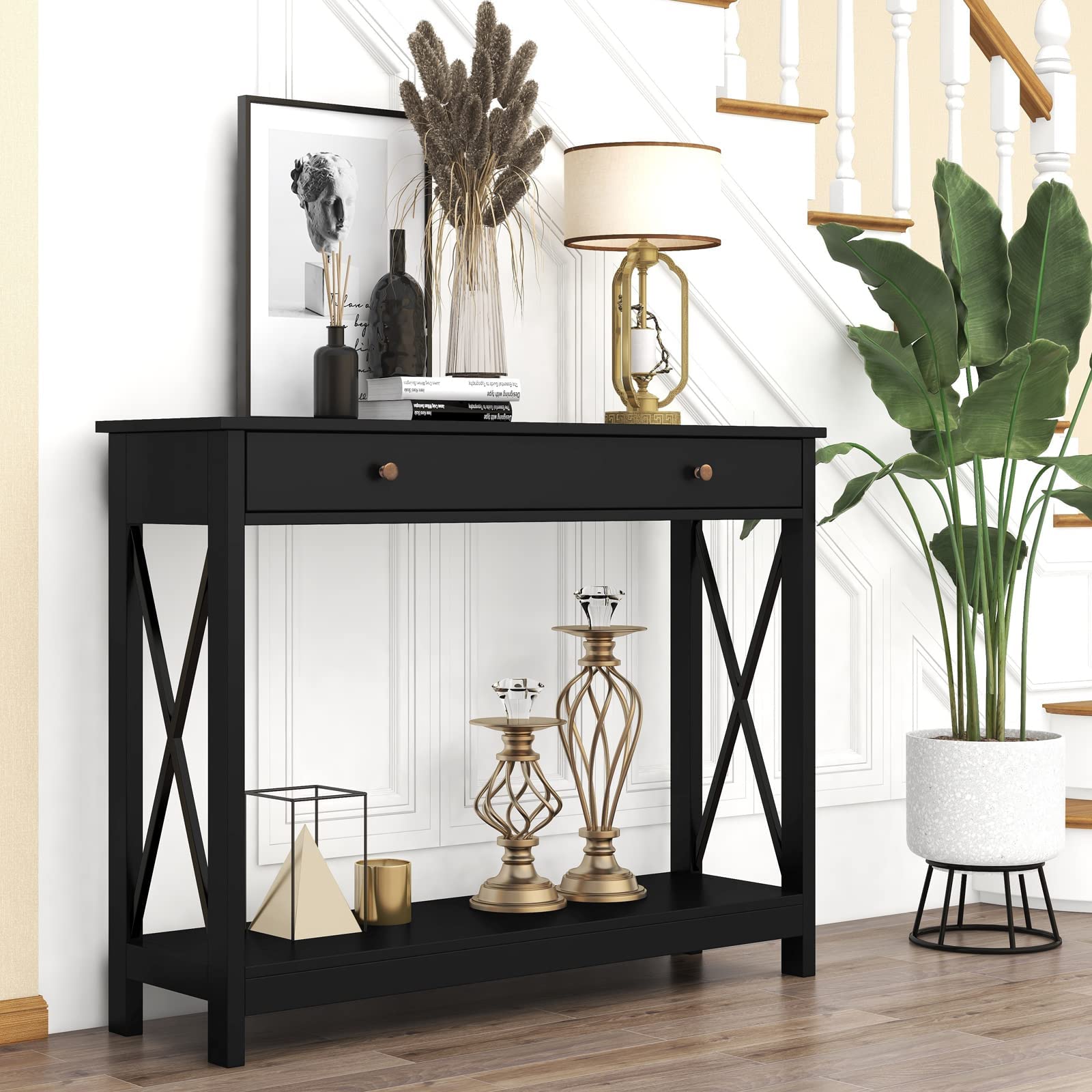 Treocho Black Console Table with Drawer & Storage Shelves - Narrow Sofa Table for Entryway, Living Room, Hallway | Perfect for Small Spaces, Home Decor & Organizing Keys, Mail & Decor Items