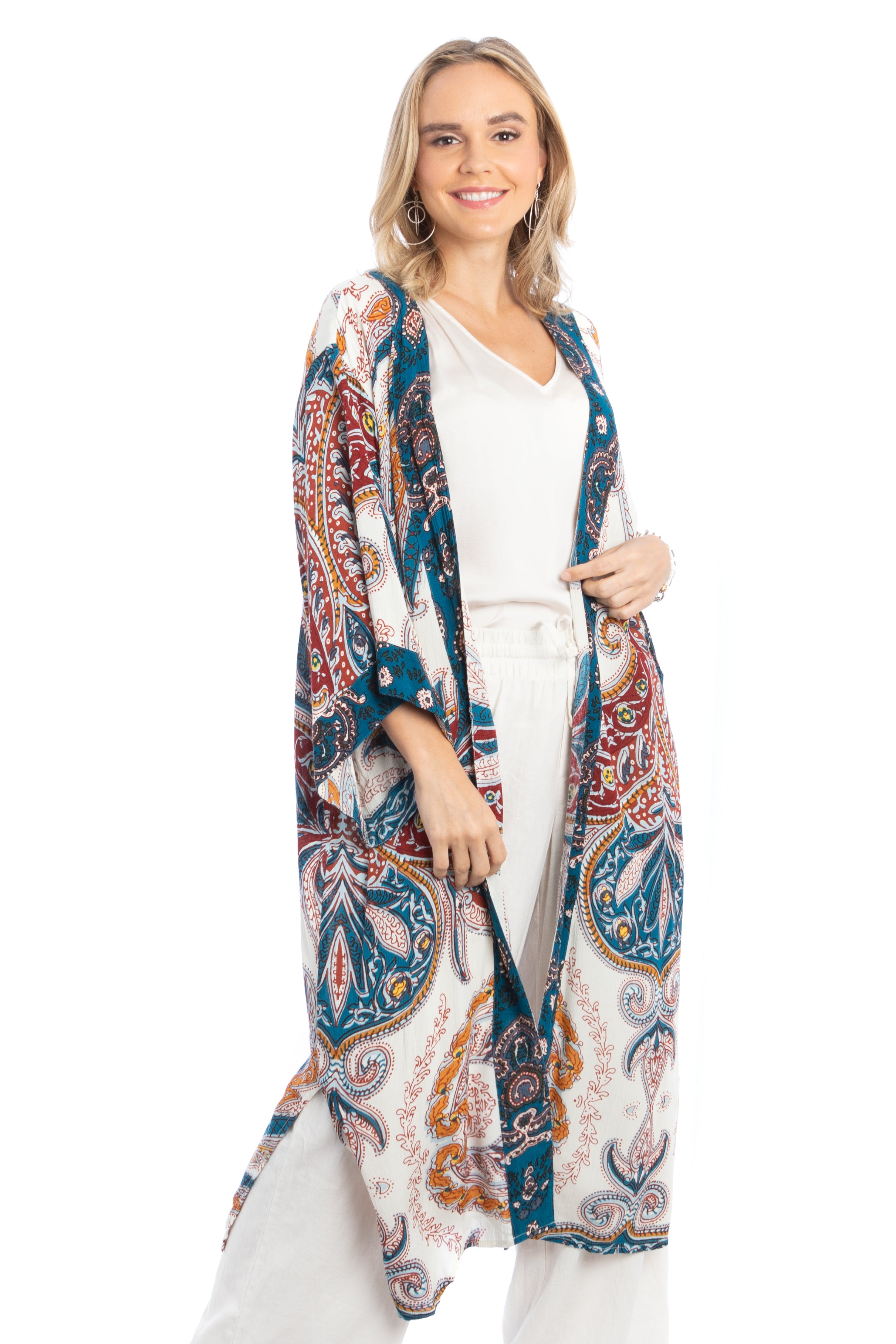 Stylish Multicolor Paisley Kimono Duster Cardigan - Lightweight Long Open Front Cover Up for Women - Perfect for Beach, Vacation & Boho Fashion