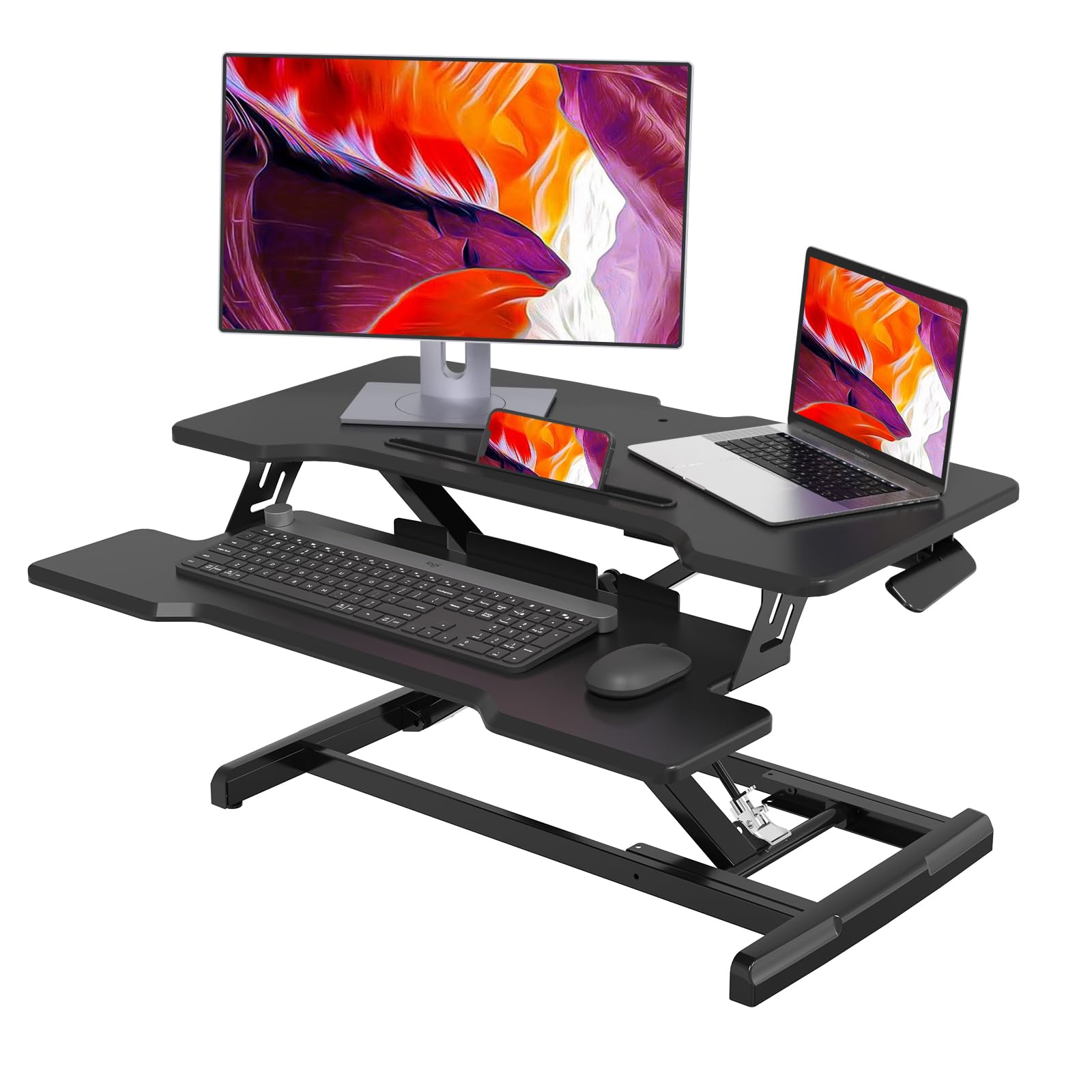 Joy Seeker 30-inch Adjustable Standing Desk Converter - Dual Tier Sit Stand Workstation with Deep Keyboard Tray for Laptop & Monitor | Ergonomic Home Office Solution for Better Posture & Productivity