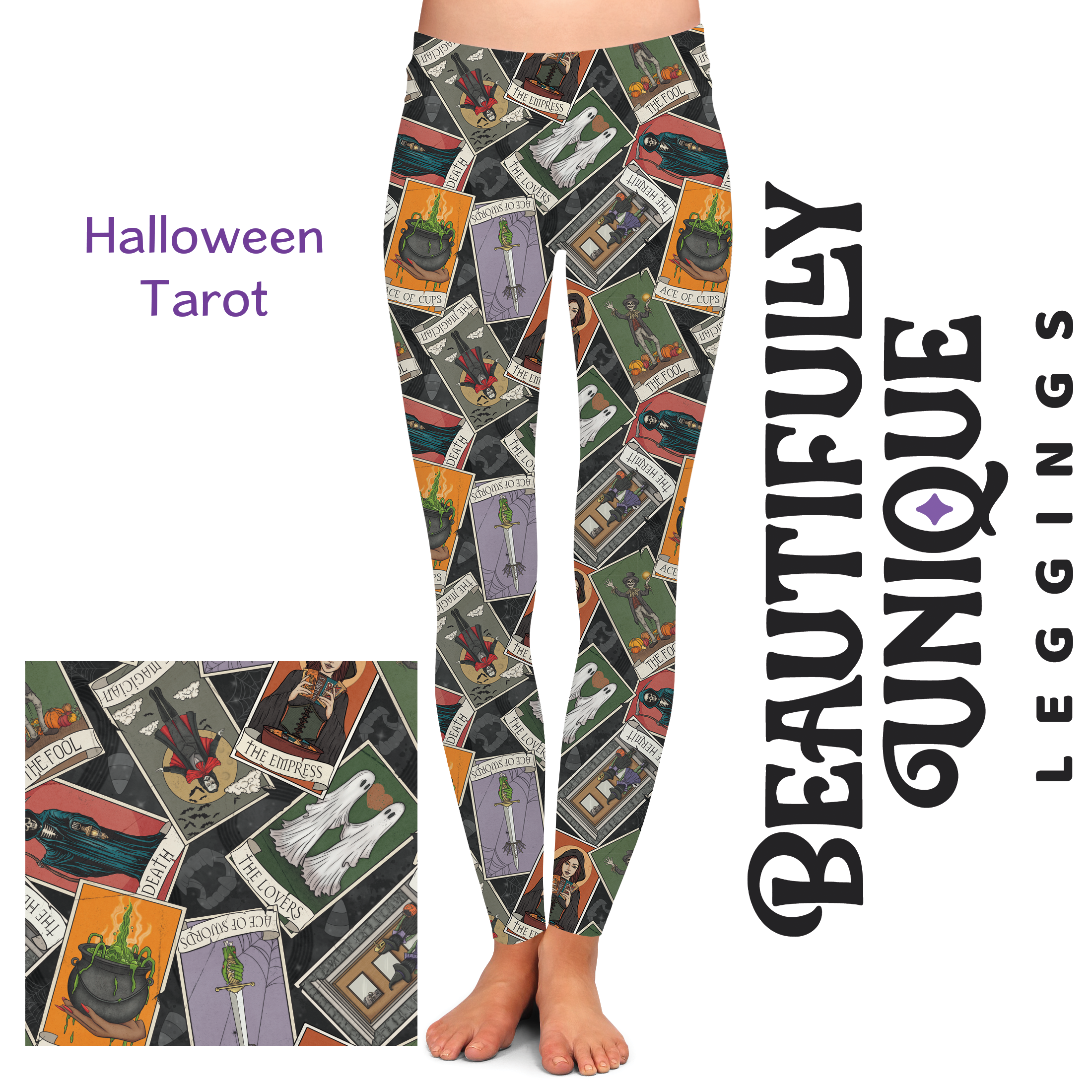 Halloween Tarot Print High-Quality Handcrafted Vibrant Yoga Leggings - Perfect for Costume Parties, Cosplay & Festive Workouts