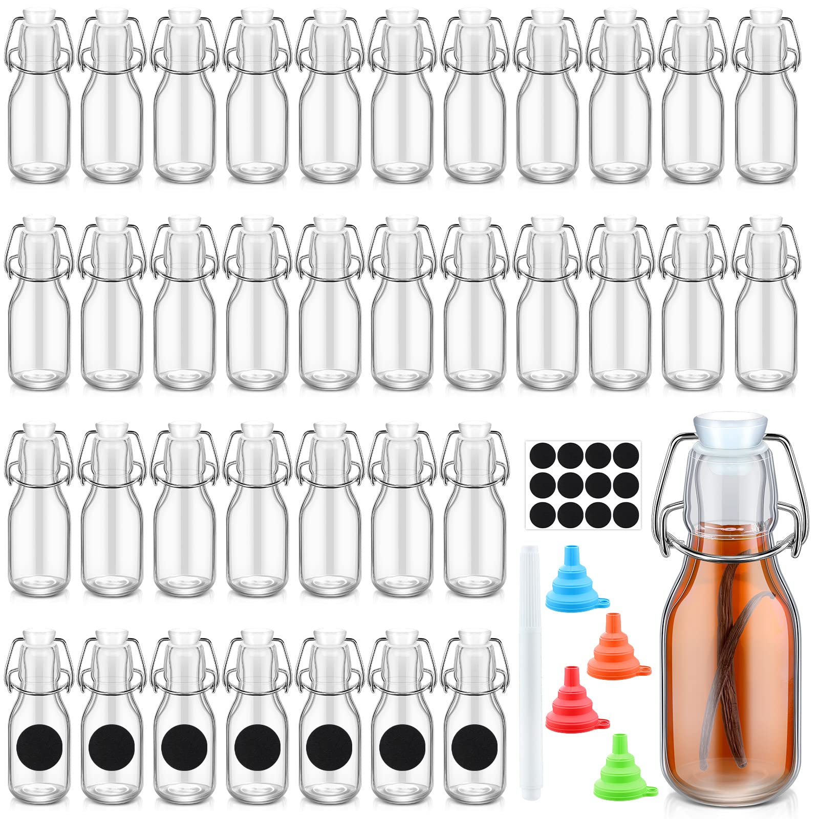 Lallisa 3.5 oz Clear Swing Top Glass Bottles with Caps - 36 Pack | Leak-Proof Vanilla Extract, Kombucha, Water, Wine, Beer, Kefir & Juice Storage Bottles | Includes Chalk Labels & Silicone Folding Funnel for Easy Filling & Home Brewing