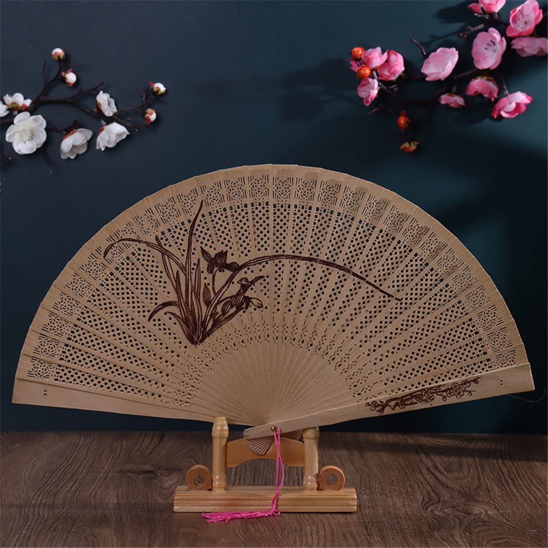 1PC Sandalwood Folding Fan - Handheld Ancient Style Decorative Fan with Hollow Carving for Home Decor, Wedding, Photo Props & Gifts