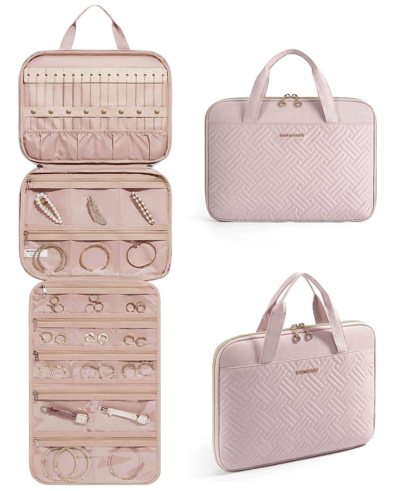 BAGSMART Travel Jewelry Organizer - Hanging Roll Jewelry Case with Zipper Pockets to Prevent Oxidation, Large Capacity for Earrings Necklaces Rings - Perfect for Closet Wall Door Storage & Portable Travel Essentials (Pink) | Great for Vacation Business Trips & Daily Jewelry Organization