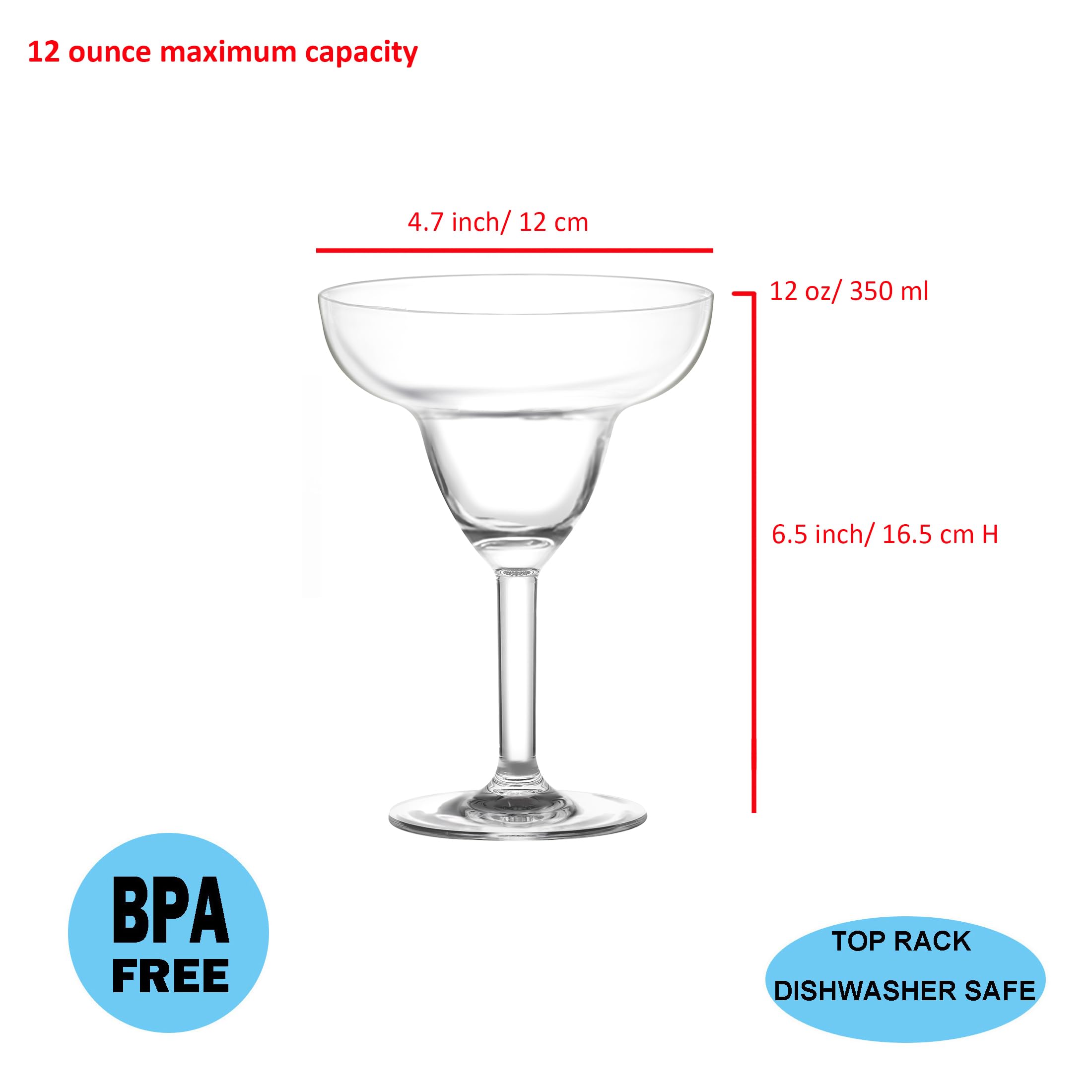 KOXIN-KARLU Classic 12oz Acrylic Margarita Glasses - Set of 6 Clear Plastic Cocktail Cups for Party, Bar, Poolside Drinks & Summer Entertaining