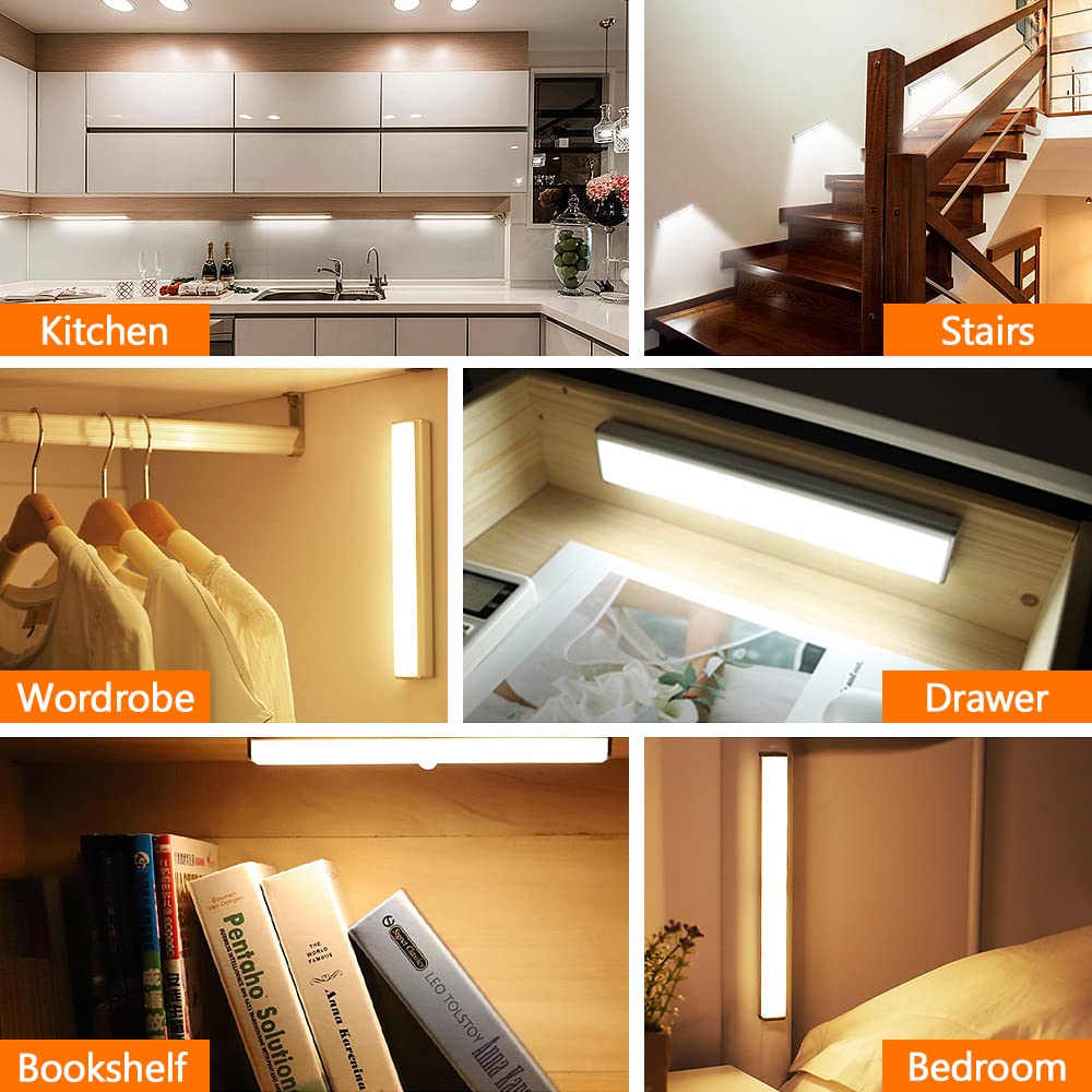 6 Pack Motion Sensor LED Closet Lights - 10 LED Stick-on Magnetic Wireless Under Cabinet Lights, Rechargeable Battery Night Light Bar for Closet, Kitchen, Hallway, Stairs - Perfect for Dark Spaces, Bedrooms & Home Safety Lighting