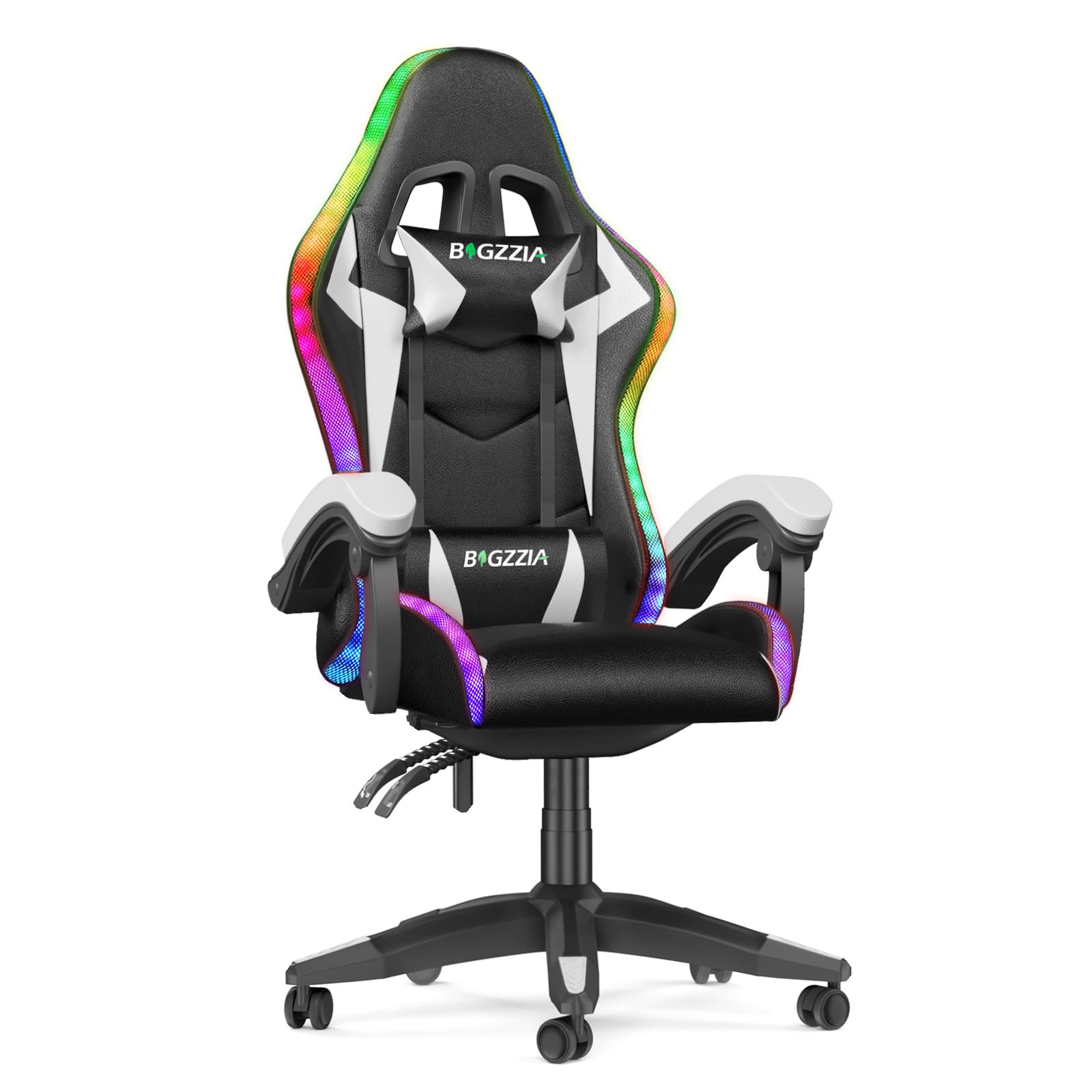 Bigzzia RGB Gaming Chair with LED Lights - Ergonomic Computer Chair, Reclining PU Leather High Back Video Game Chair with Adjustable Headrest & Lumbar Support, Linkage Armrest (Black/White) - Perfect for Esports, Streaming & Home Office Setup